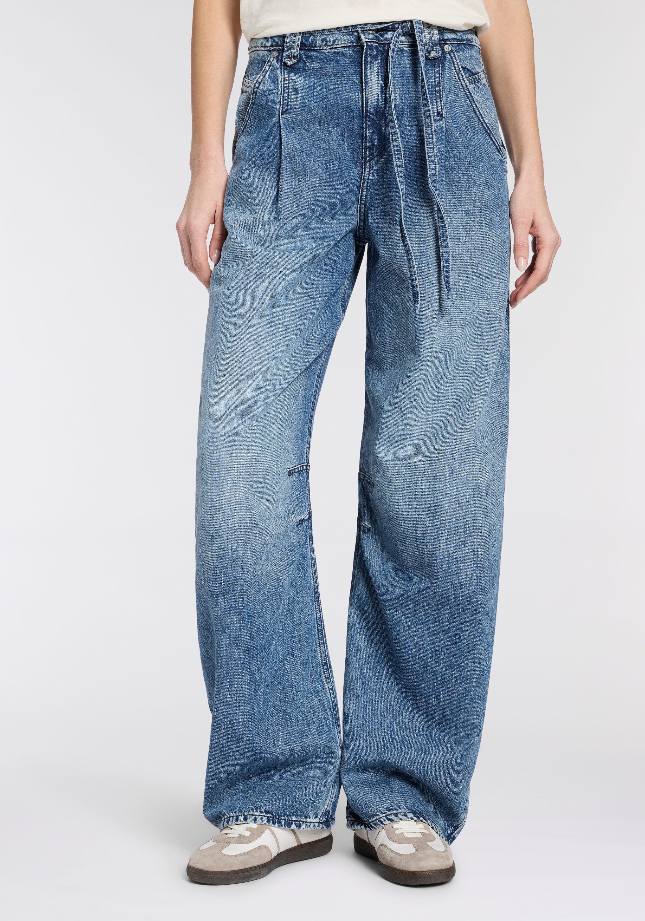 BOSS ORANGE Weite Jeans PLEATED BARREL 1.0 Premium Damenmode (2-tlg) mit Bindegürtel, High Waist