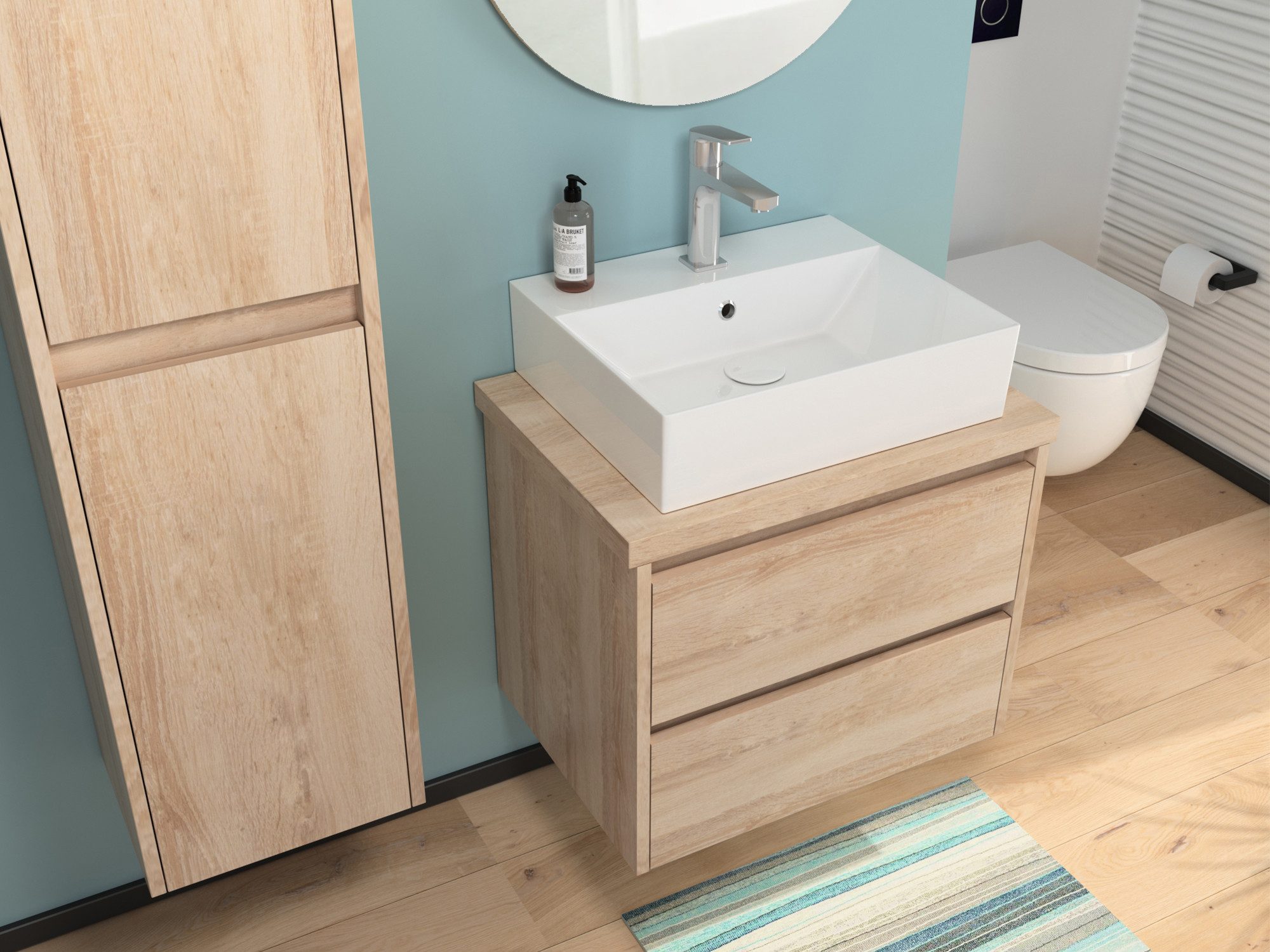Aqua Bagno Badmöbel-Set Unterschrank mit Keramikwaschtisch Eiche Gold 60cm Badschrank, (vormontiert, 3-St., Badmöbelschrank, Trägerplatte, Keramikwaschbecken), einfache Montage, melaminbeschichtet