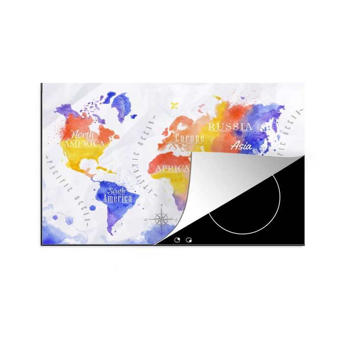 MuchoWow Herdblende-/Abdeckplatte Weltkarte - Aquarell - Rot - Blau Vinyl (1 tlg) Ceranfeldabdeckung für die küche Induktionsmatte