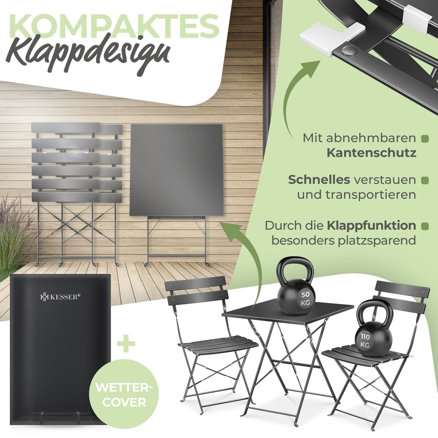 KESSER Bistrotisch 3-teiliges Bistroset Outdoor Sitzgruppe (1x Balkontisch mit 2 Stühlen & Schutzabdeckung), Balkonmöbel UV- & Wetterbeständig Gartenmöbel