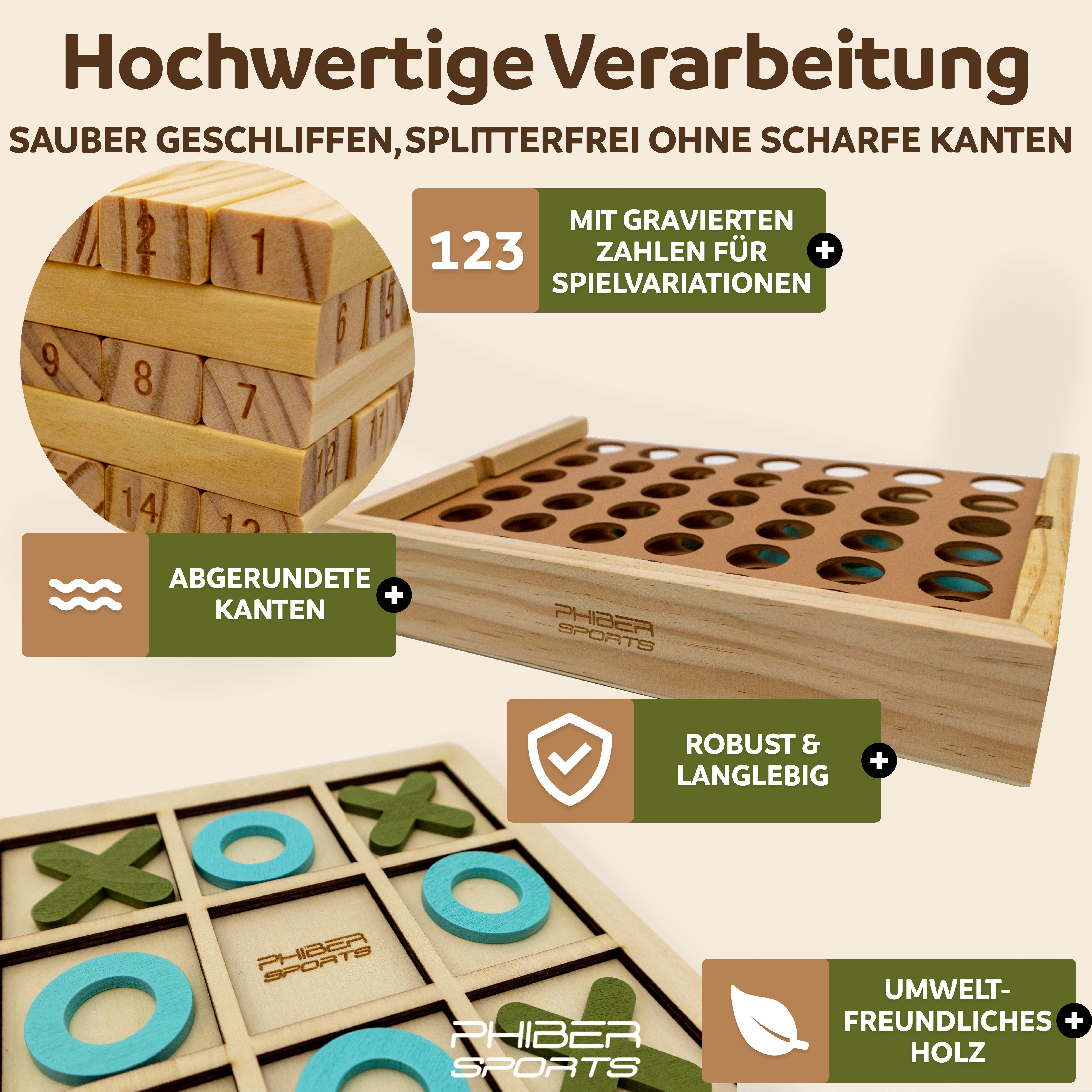 PHIBER-SPORTS Spielesammlung 4-in-1 aus Holz: Wackelturm, Vier-in-Einer-Reihe, Tic Tac Toe & Mikado, Kinder & Erwachsene - Robust, Langlebig & Plastikfrei, Holzturm 4 Spiel
