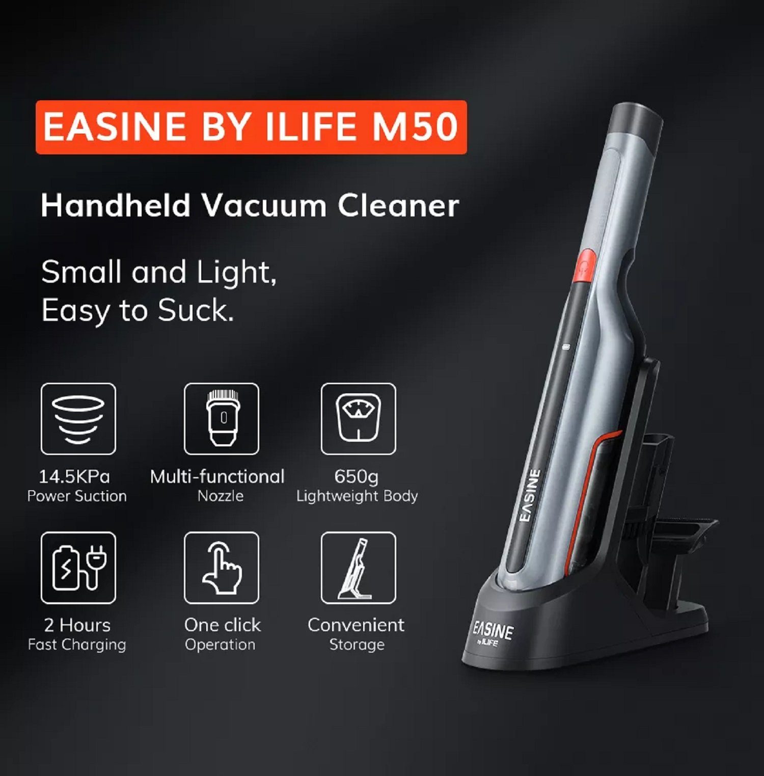 ILIFE Akku-Handstaubsauger M50, 110,00 W, Beleuchtung, Aufsätze, 600g versch. 3 Beutellos, integrierte LED leicht