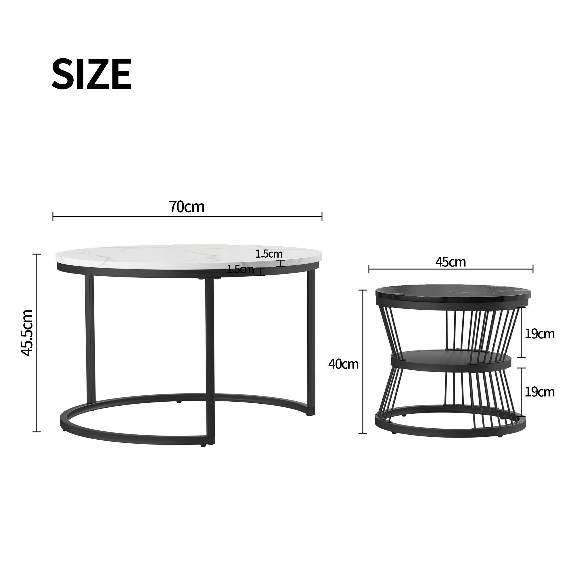 Furnishings Home Couchtisch rund Kaffeetisch Beistelltisch Satztische 2er Set, Große Werbung (2-St., Zweiteiliges Set), 2tlg. mit Marmormuster, 70 x 45.5 cm + 4 – Bild 3 von 5