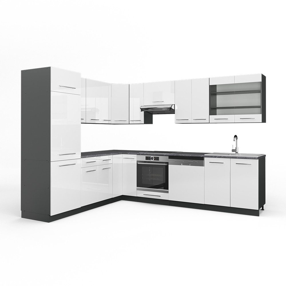 Vicco Winkelküche Fame-Line, Weiß Hochglanz/Anthrazit, 227x287cm ohne Arbeitsplatte