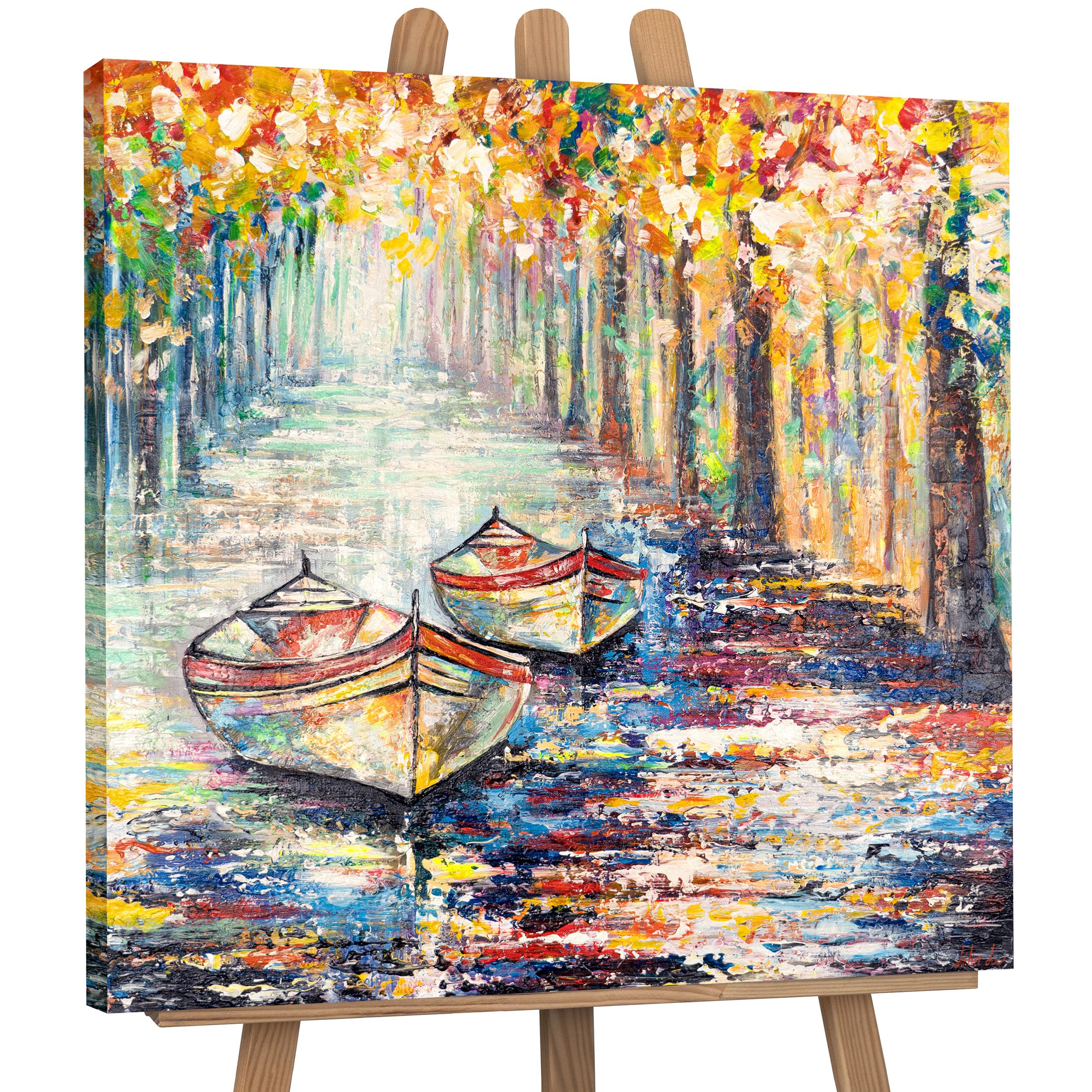 YS-Art Gemälde Herbstlicher Anlegeplatz, Landschaft, Segelboote Baum Bunt Leinwand Bild Handgemalt