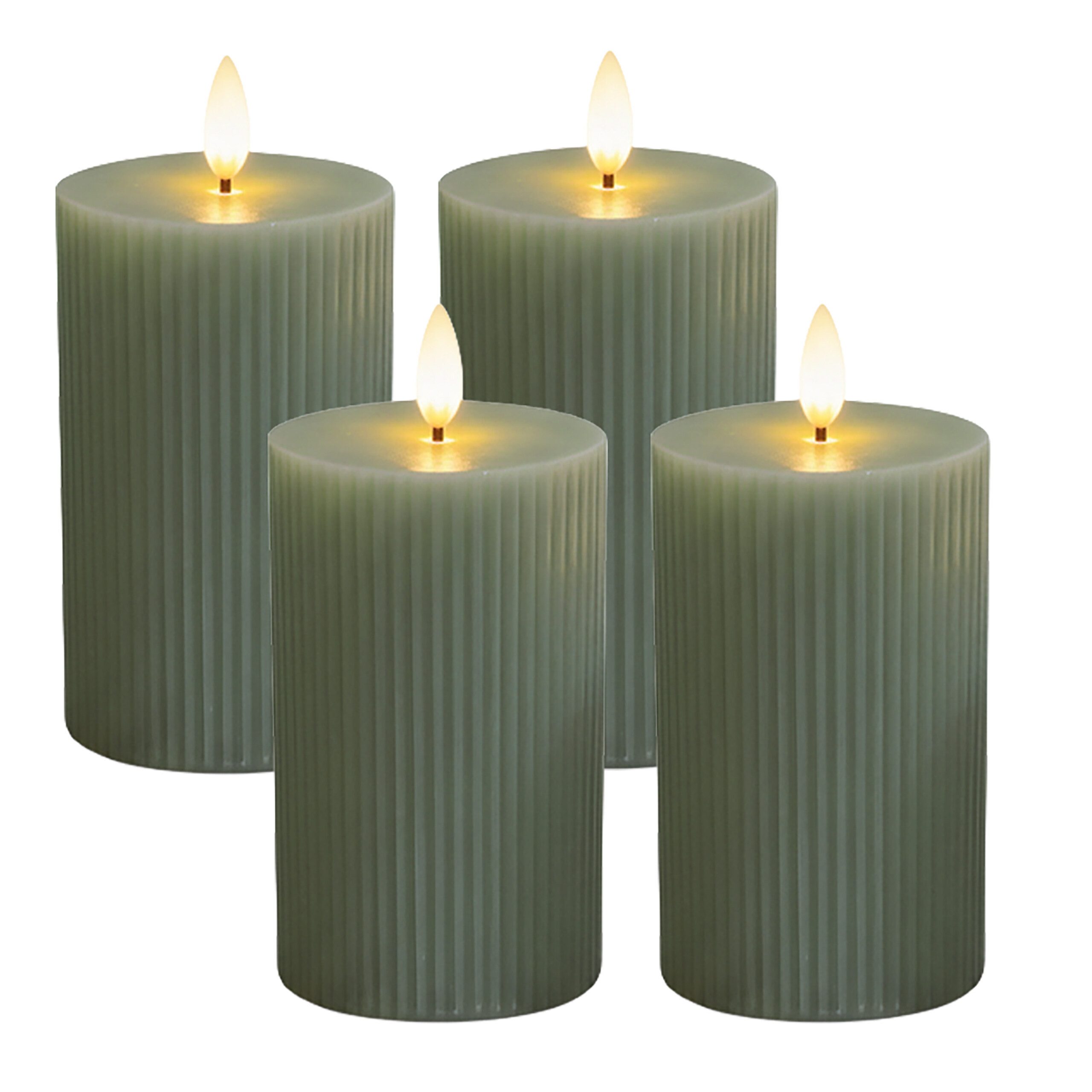 relaxdays LED-Kerze 4er Set 13 cm, Flammenlose LED-Kerzen, LED, Warmweiß, Salbei