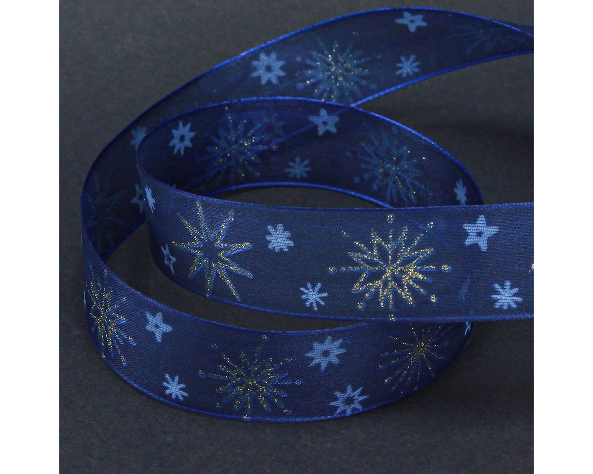 Thumbnail - Viana Dekoband Blaues Weihnachtsband Goldene Sterne 25mm 20m Geschenkband Dekoration