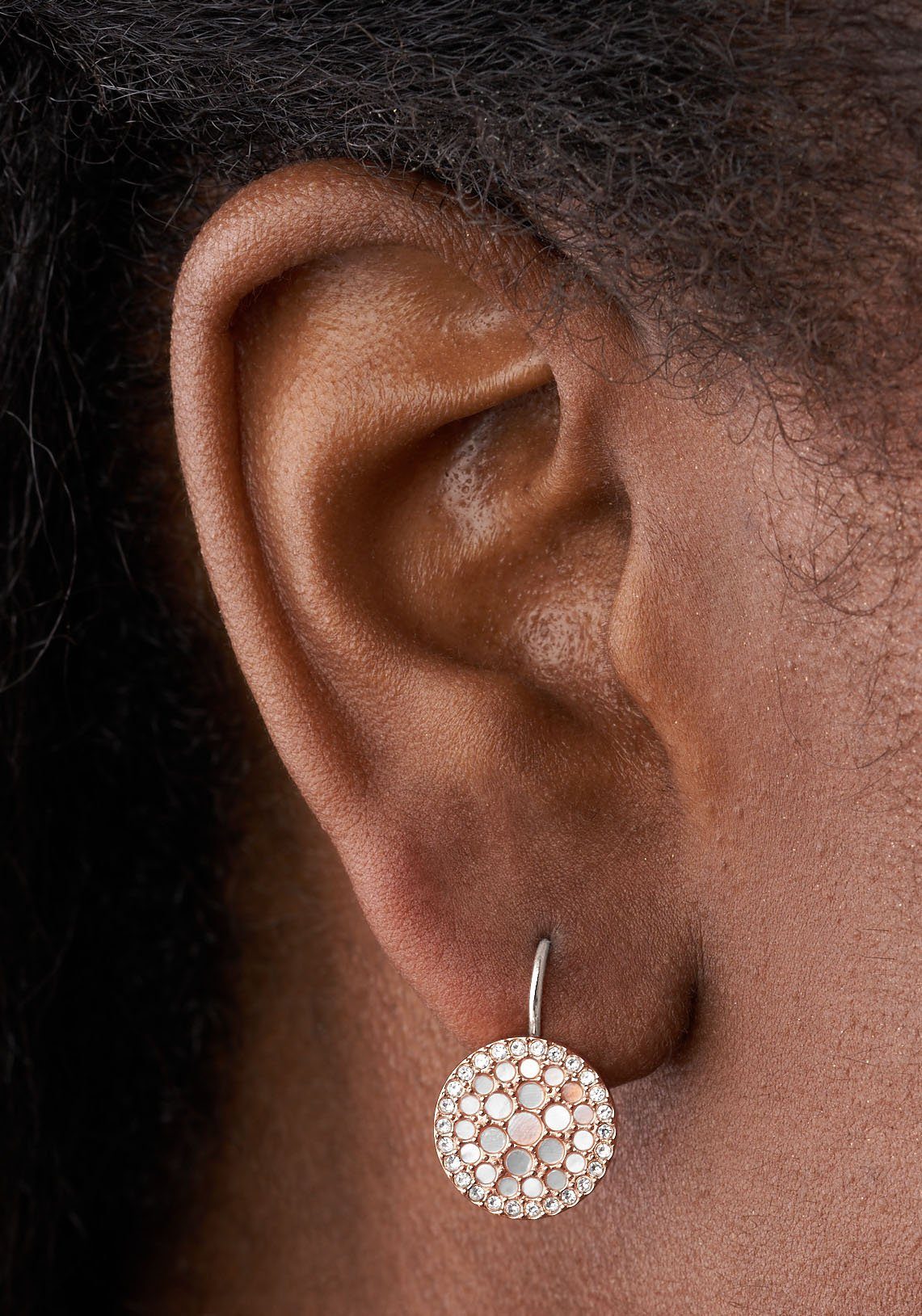 Fossil Paar Ohrhaken Schmuck Edelstahl Ohrringe Disc Drop Vintage Glitz, mit Glasstein - mit Perlmutt
