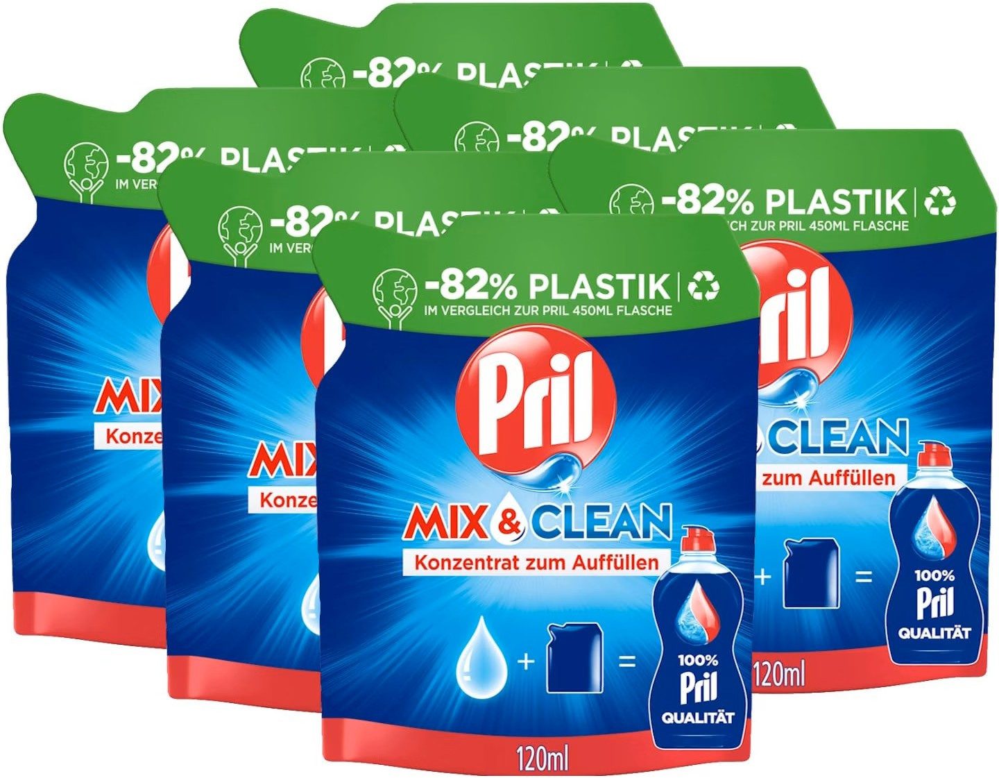 PRIL 6x Pril Mix & Clean Konzentrat zum Auffüllen (120 ml) Geschirrspülmittel (6-St. Handgeschirrspülmittel mit höchster Fettlösekraft)