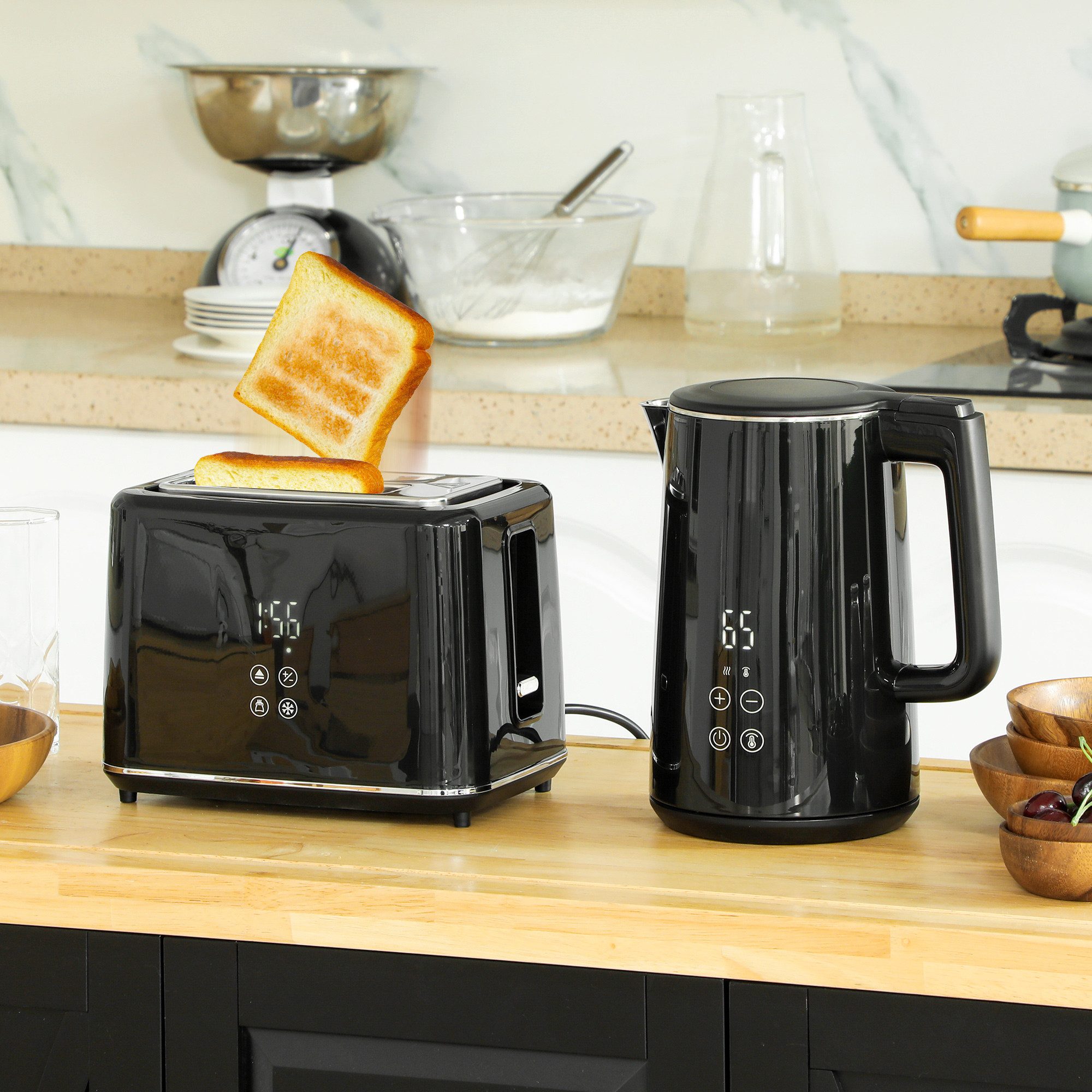 HOMCOM Toaster Wasserkocher Set 1,5L Wasserkocher, 2 Schlitze, für 2 Scheiben, 2200 W, 7 Bräunungsstufen, schnelles Kochen, Schwarz