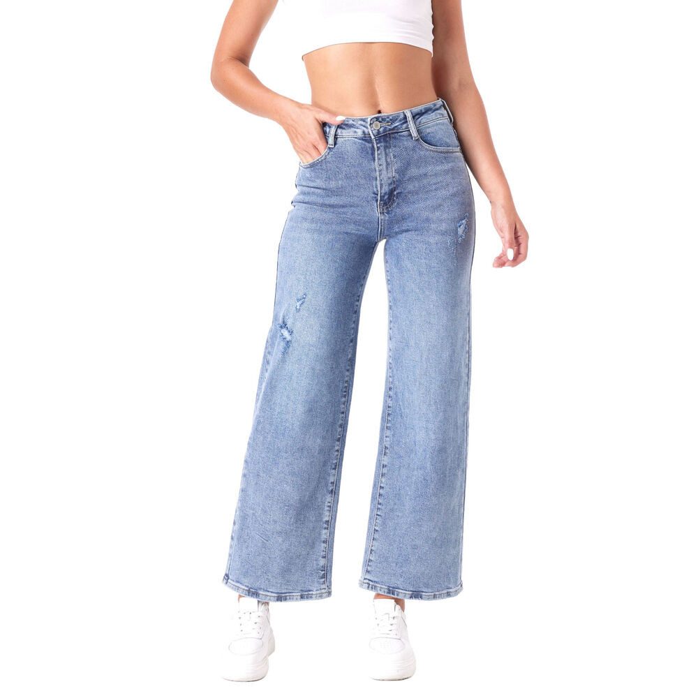 Ital-Design Weite Jeans Damen Wide-Leg Jeans High Waist Casual Look (91767258) Destroyed-Look Stretch High Waist Jeans in Blau