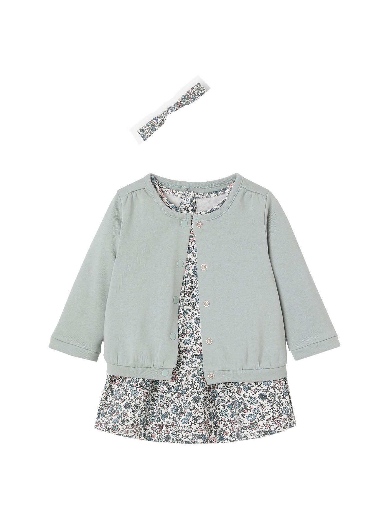 vertbaudet A-Linien-Kleid Mädchen Baby-Set: Kleid, Strickjacke & Haarband