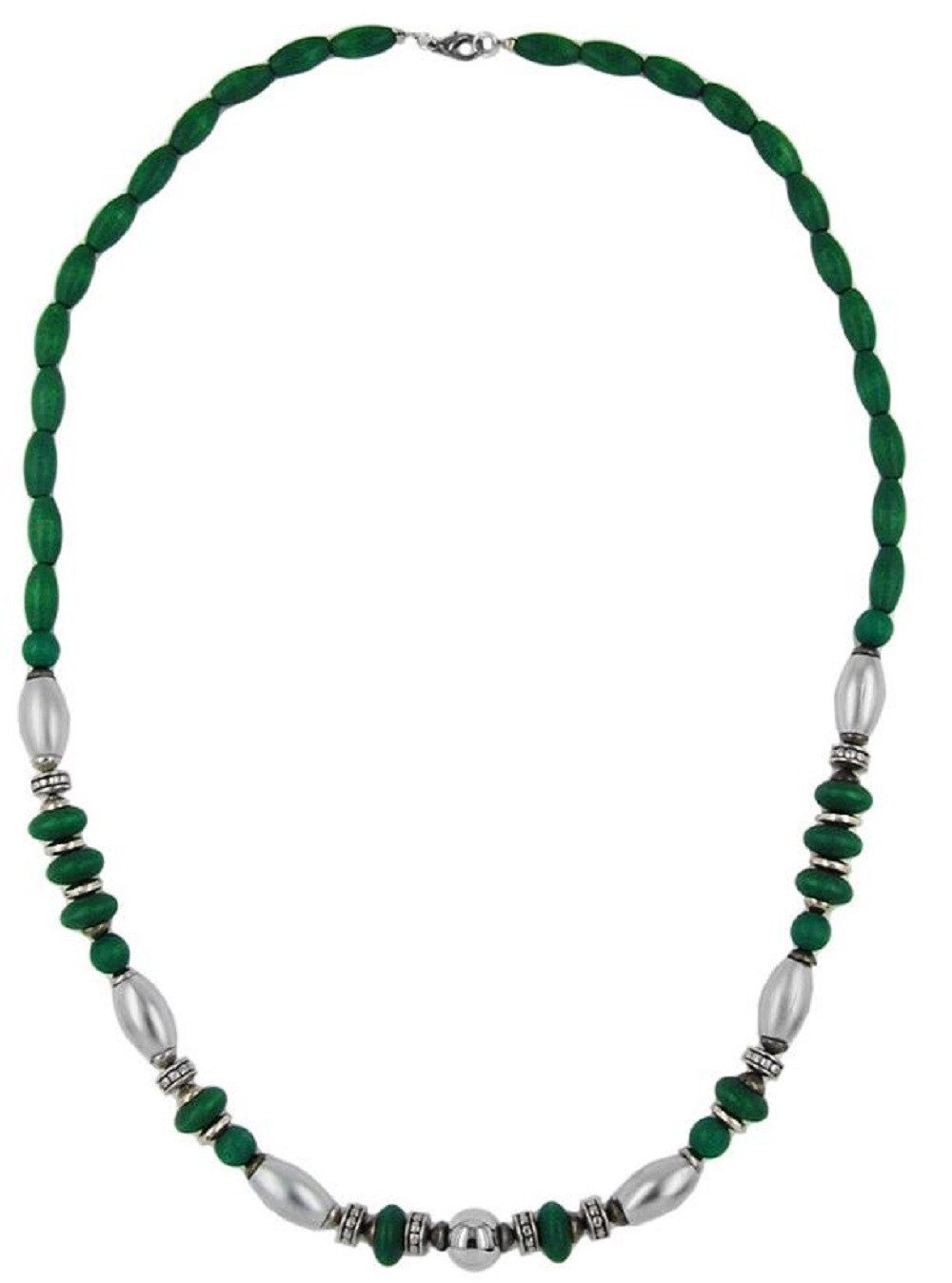 Collier Kette Holzperlen grün mit Kunststoffperlen chrom matt 70 cm
