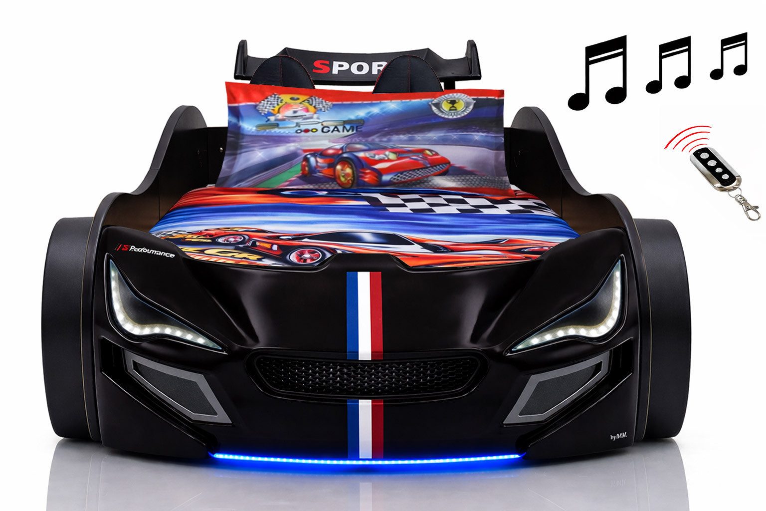 Aileenstore Autobett TURBO GTE (inkl. Zubehör), Kinderbett 90x200, Lattenrost,LED,Unterbodenlicht,Sound,Fernbedienung