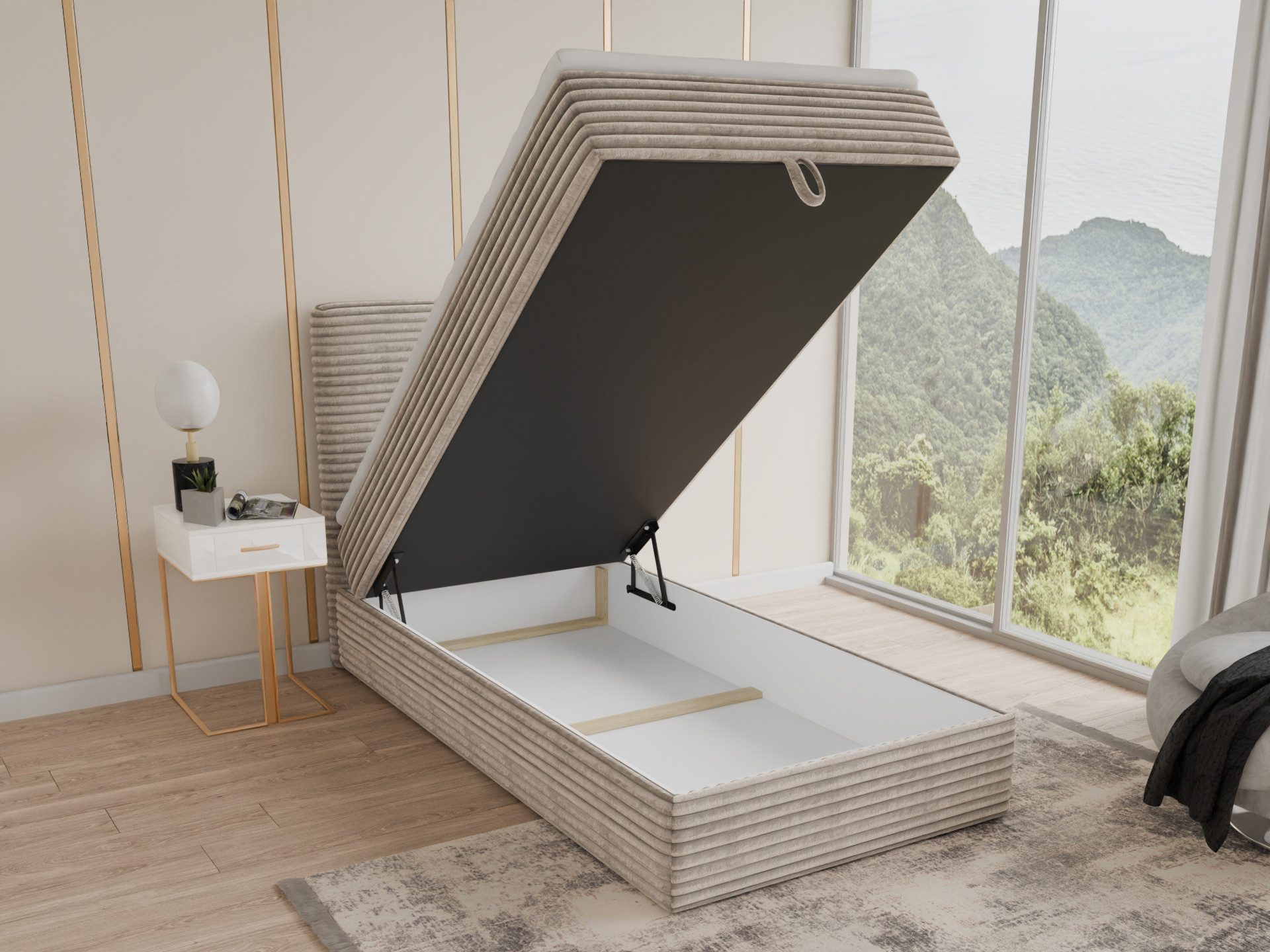 Sofnet Boxbett Mollo Mini (großer Bettkasten, Bonell-Matratze und Topper), Einzelbett, Polsterbett mit Kopfteil, Boxspringbett, Cordstoff