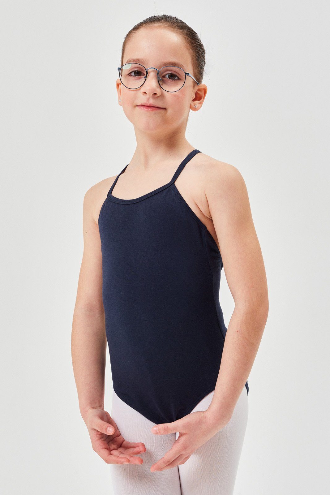 tanzmuster Body Ballettbody Leonie aus weichem Baumwollmischgewebe Spaghettiträger Trikot fürs Kinder Ballett marineblau