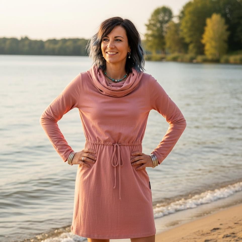 Guru-Shop Midikleid Minikleid aus Bio-Baumwolle mit Schalkapuze und.. alternative Bekleidung