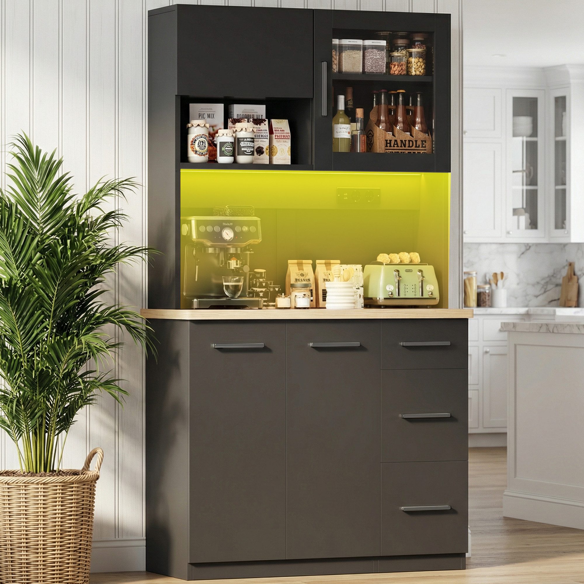 Furnicopia Küchenbuffet Hohe Schränke, Küchenzeilen, Sideboards, mit LED-Beleuchtung (Maße: 100 × 40 × 182 cm, mit 3 Schubladen + 3 Schranktüren + 1 offenem Staufach und Arbeitsplatte, 2 Steckdosen + 2 USB-Anschlüssen, mit verstellbaren Einlegeböden)