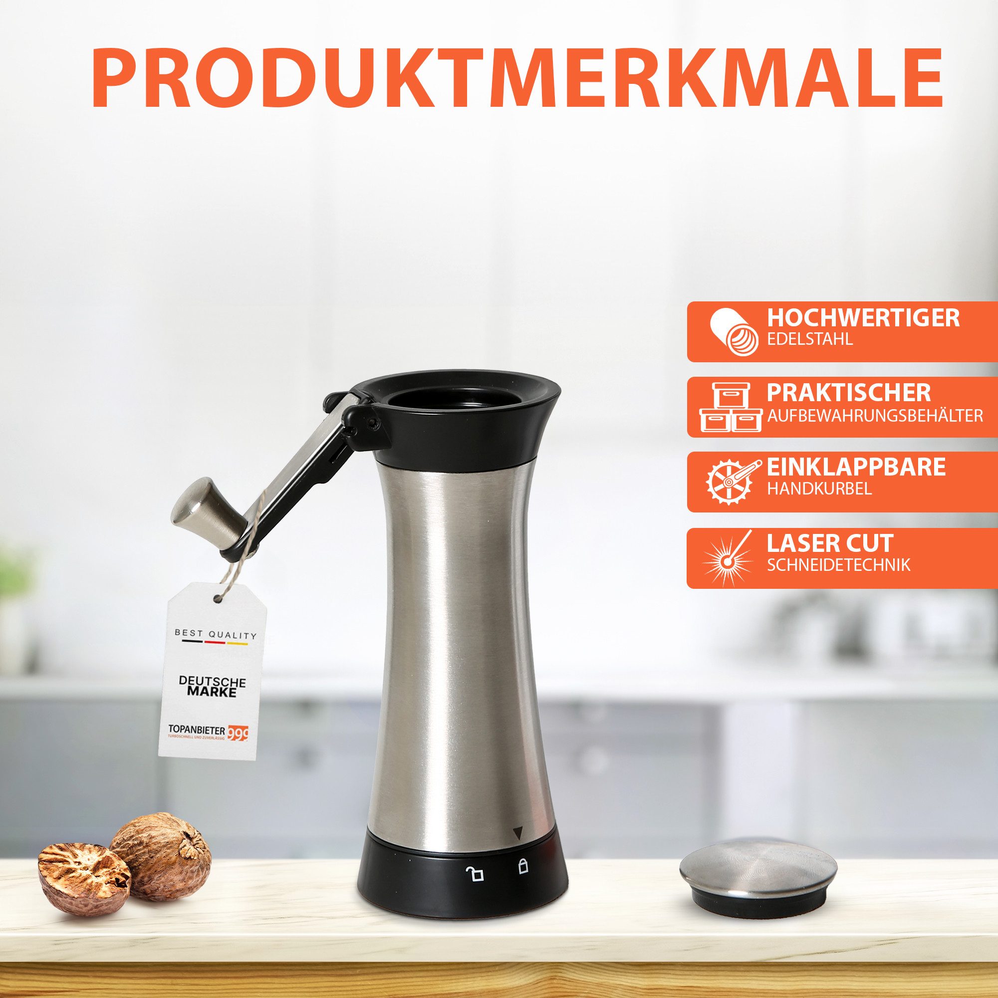 Topanbieter999 Muskatmühle Edelstahl Mühle Muskatreibe Muskantnuss Muskat Mustkatnussmühle, mit Aromaverschlusskappe und klappbarer Kurbel