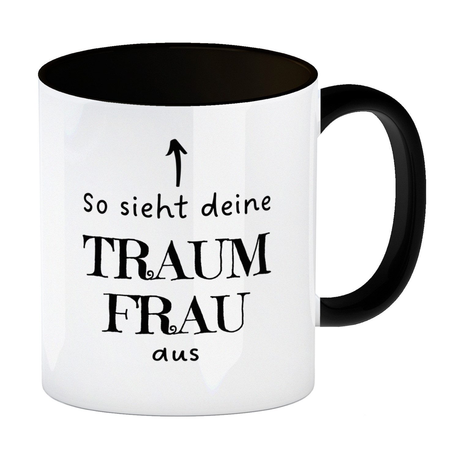 Tasse Traumfrau Kaffeebecher in schwarz mit Spruch: So sieht deine aus