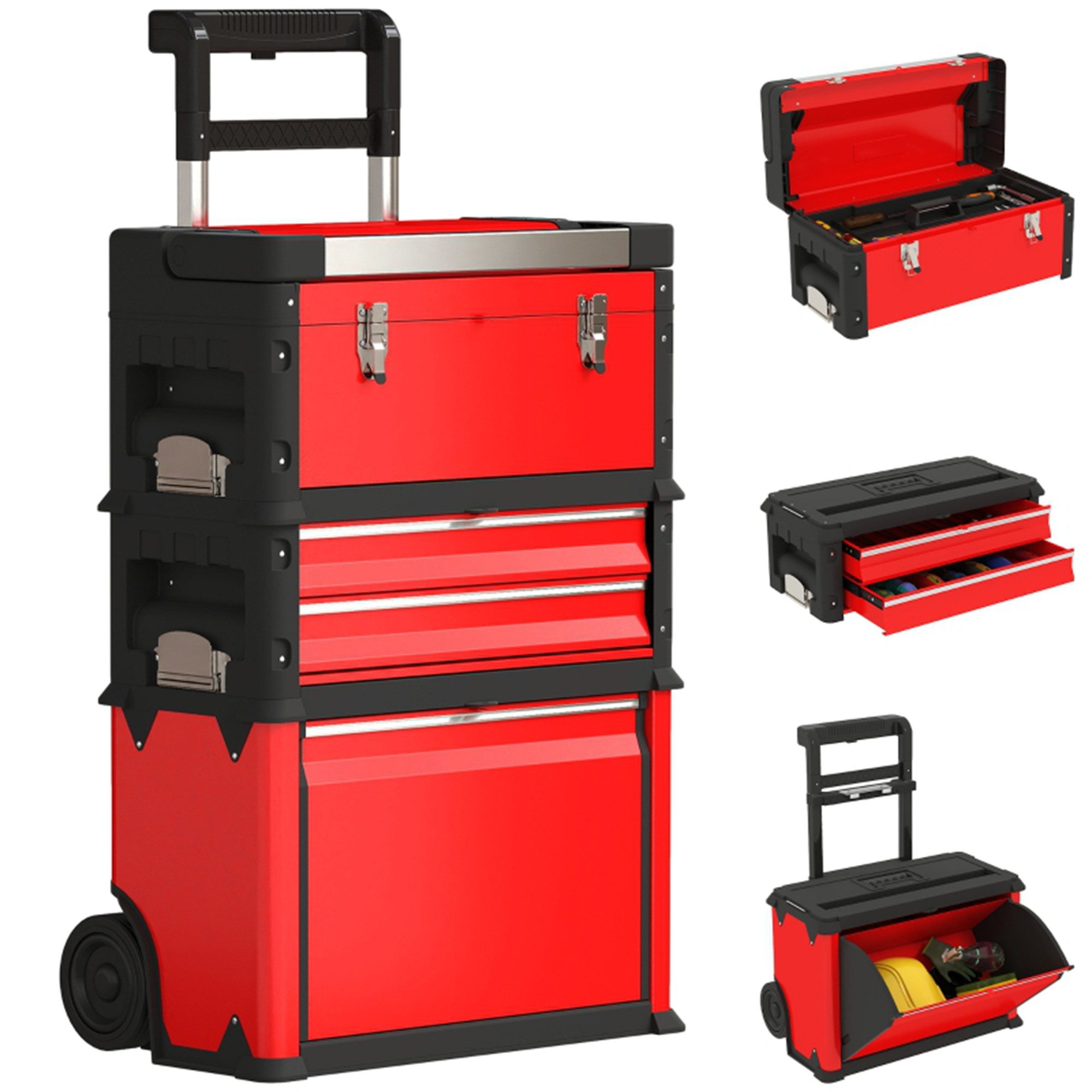 MC Star Werkstattwagen inkl. Koffer Werkzeugwagen leer mit 3 modularen Einheiten, (Rollwagen zur Werkzeugaufbewahrung, Werkzeugkasten mit Griff, Stahl, Rot)