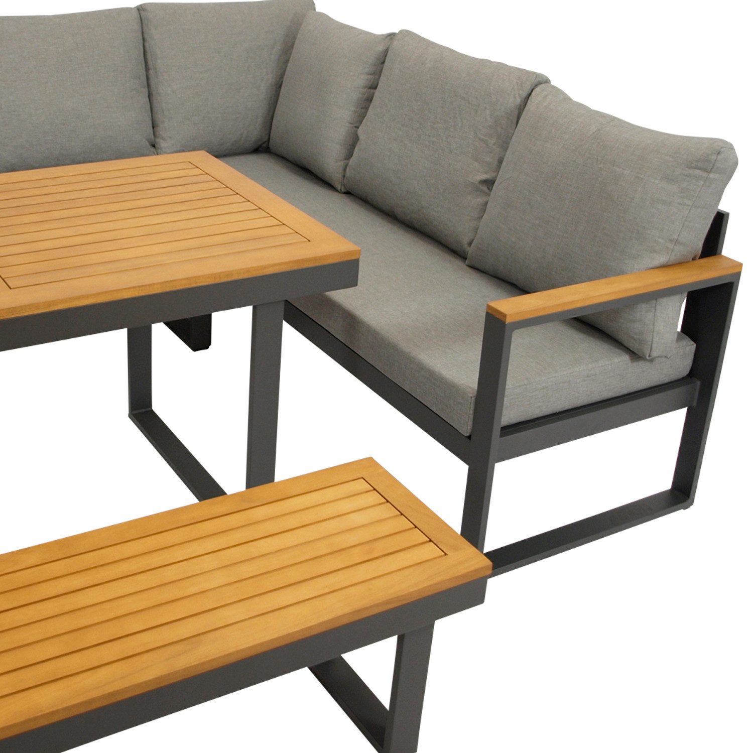DEGAMO Garten-Essgruppe KAMPALA, (4-tlg., 1x Eckbank, 1x Sessel, 1x Hockerbank, 1x Tisch 70x140cm), Aluminium anthrazit, Oberflächen Akazie, wetterfest