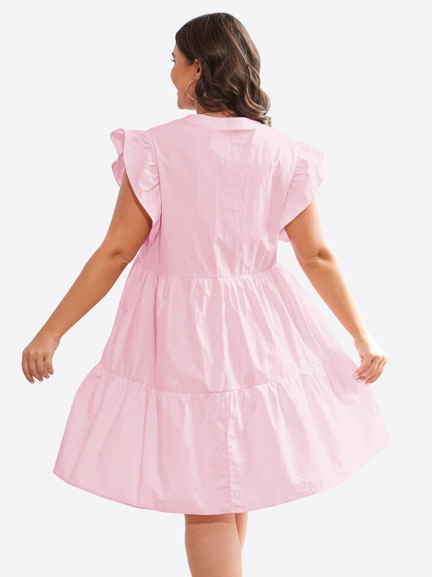 Imily Bela Minikleid Damen Oversize Kurzarm V-Ausschnitt mit Rüschenärmeln A-Linie Sommer (Packung, 1-tlg., 1per-Pack) mit gerüschtem Rock aus Baumwolle in Unifarbe