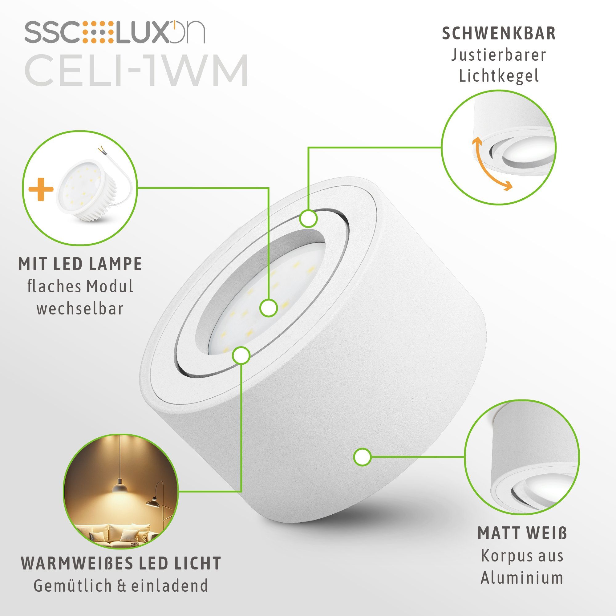 SSC-LUXon LED Aufbaustrahler CELI-1WM LED Aufbauspot weiß 6W dimmbar warm neutral kalt Spot, Neutralweiß, Warmweiß, Tageslichtweiß – Bild 5 von 5