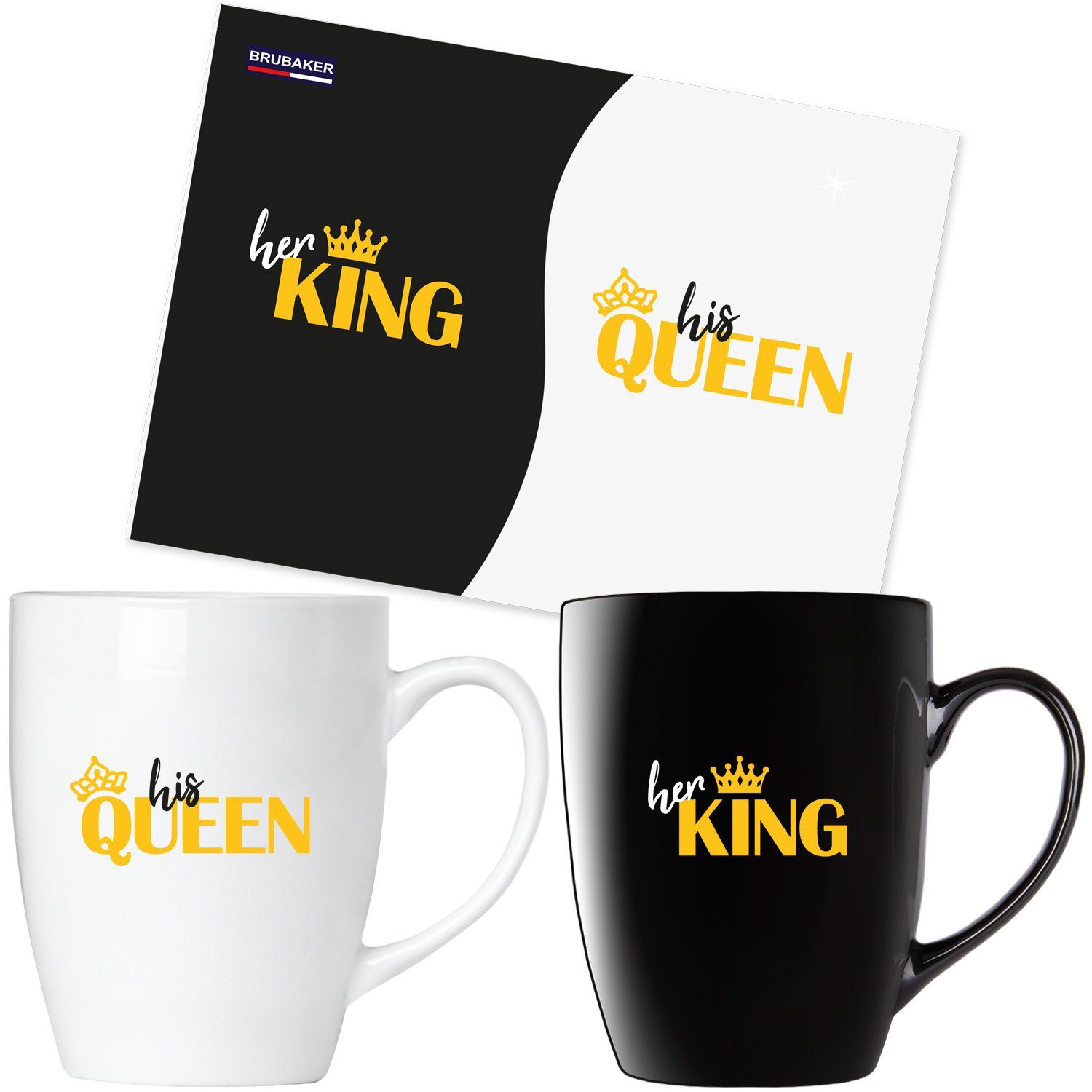 BRUBAKER Tasse Kaffeetassen Her King & His Queen mit Grußkarte, 2-tlg., Keramik, Kaffeebecher - 300 ml Tassen Geschenkset - in Geschenkbox