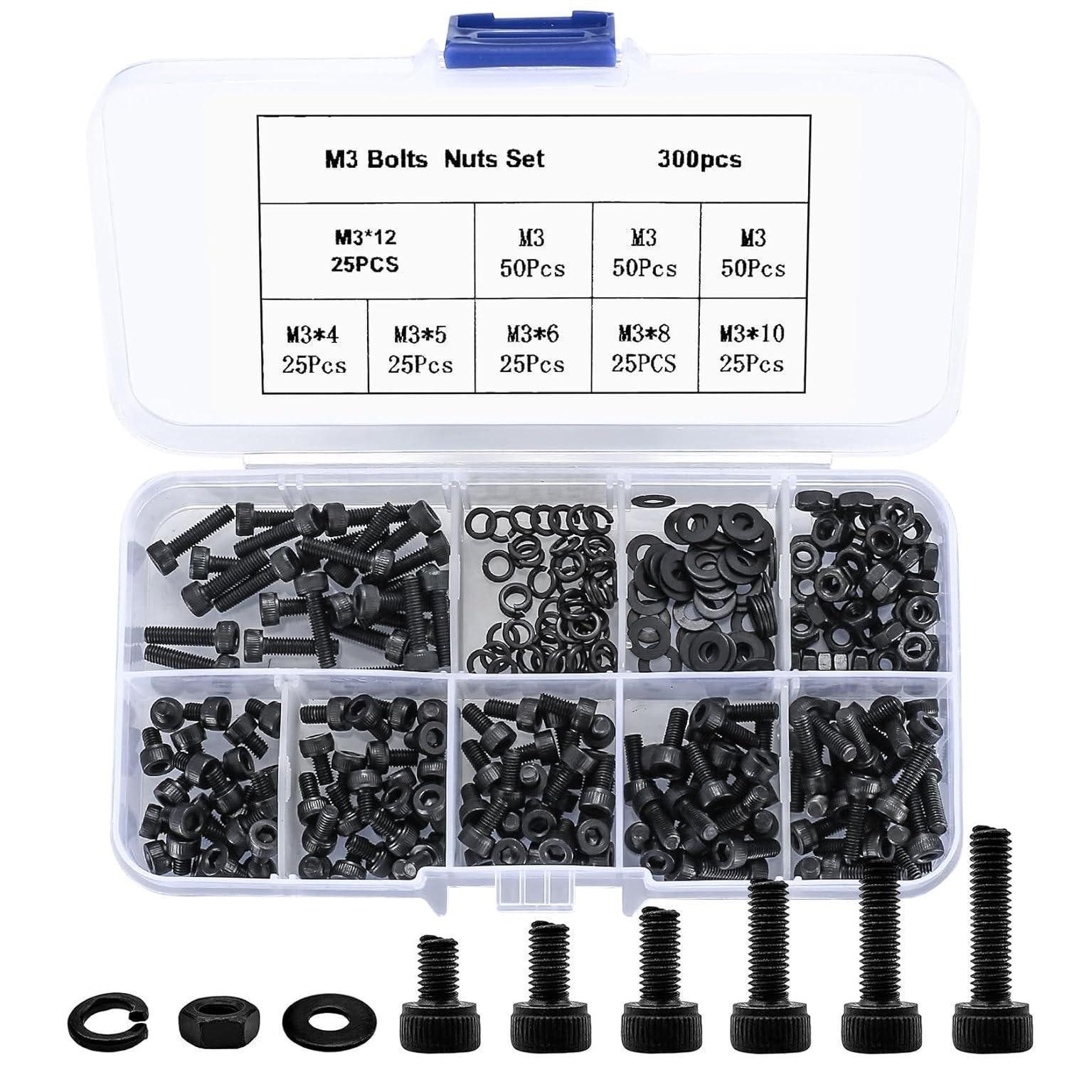 LuxusKollektion Schrauben-Set Schrauben Muttern Set Unterlegscheiben Hex M3 Schwarz 300