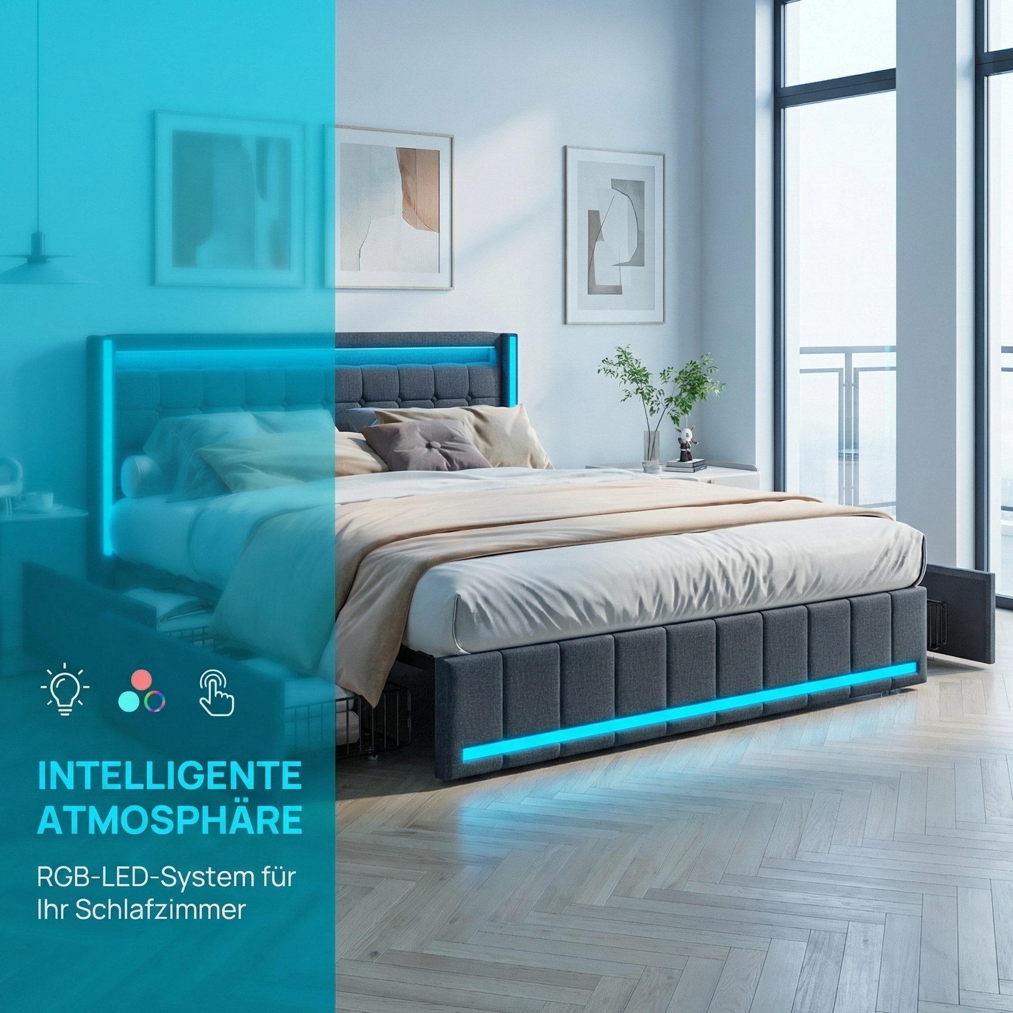 PXloue Polsterbett LED Doppelbett 140x200cm mit Ladefunktion und 4 Schubladen Polsterbett (Geeignet für Jugendliche und Erwachsene), Stauraumbett, mit RGB-LED, Lattenrost und praktischen Schubladen
