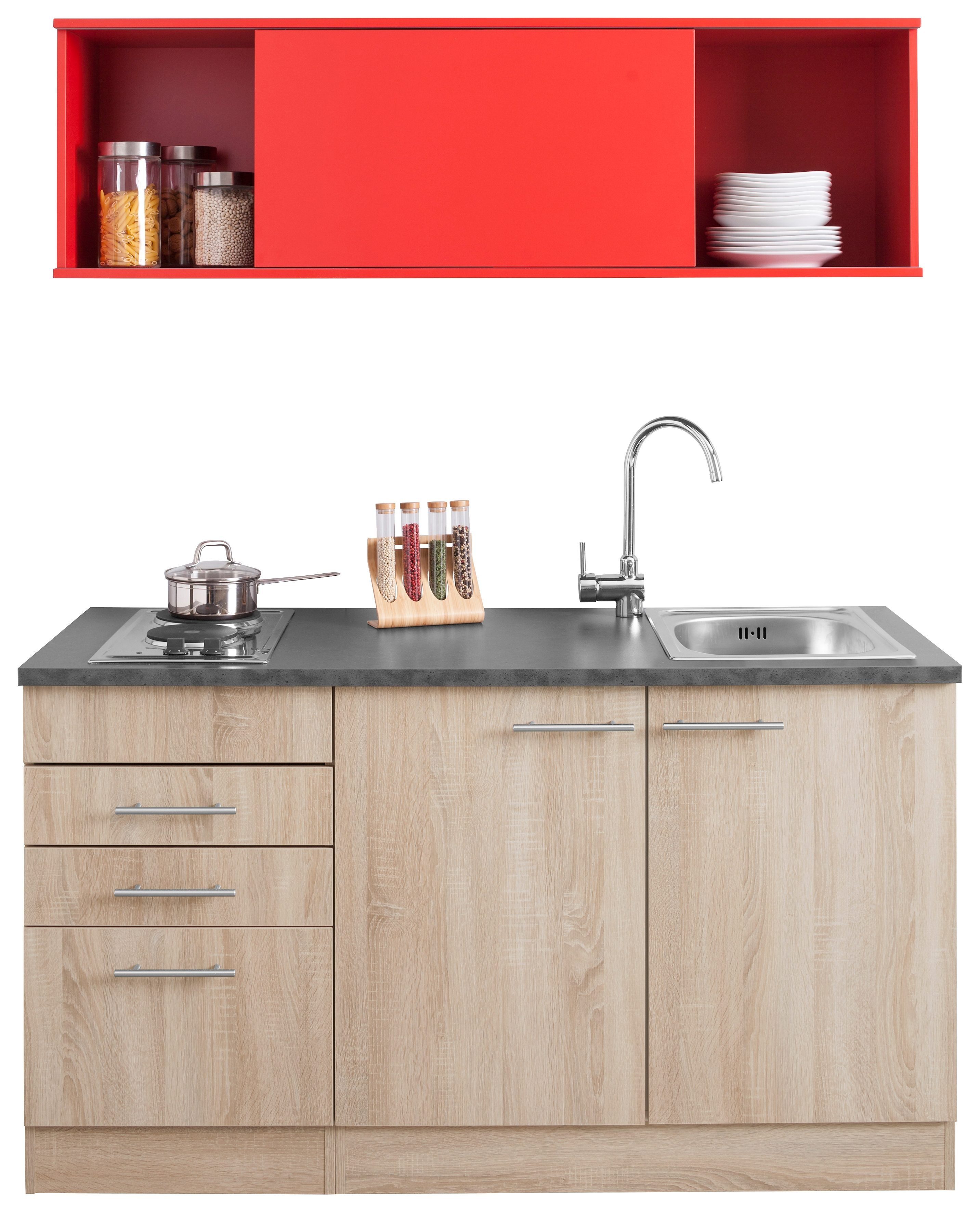 OPTIFIT Küchenzeile Mini, cm | 150 Breite eichefarben eichefarben/rot/anthrazit E-Geräten, mit