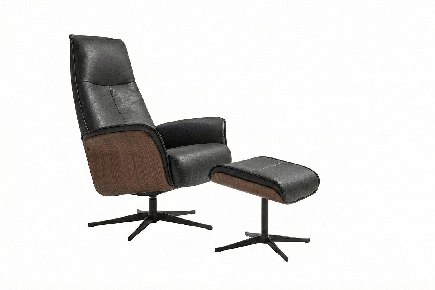 KAWOLA Relaxsessel FERREIRA Leder schwarz Komfort Drehsessel – Bequem, 360° drehbar, Relaxfunktion, Kopfstütze, inklusive Fußhocker