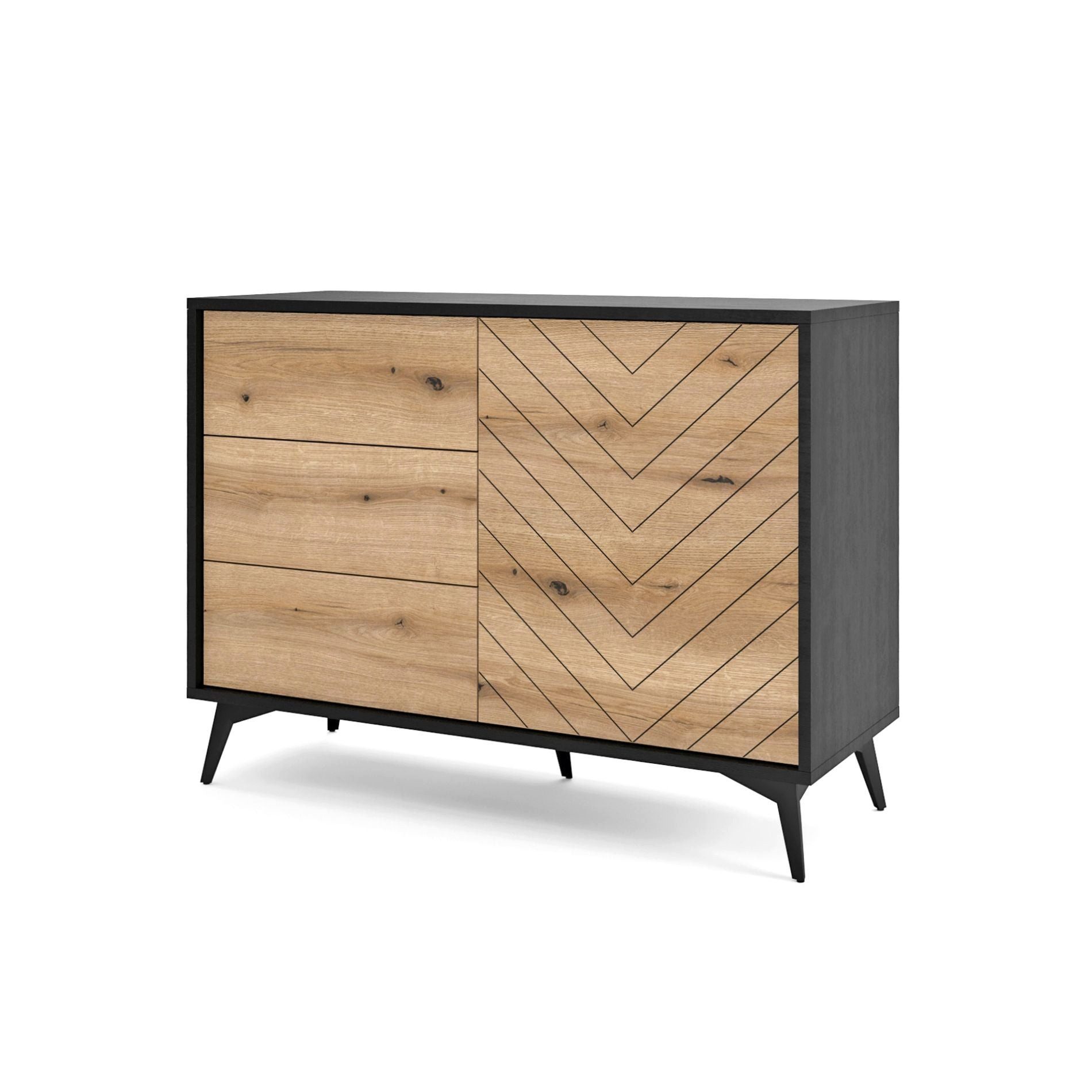 Selsey Sideboard BOULIA, Sideboard mit Dekor in Fischgrätoptik und schwarzen Metallbeinen
