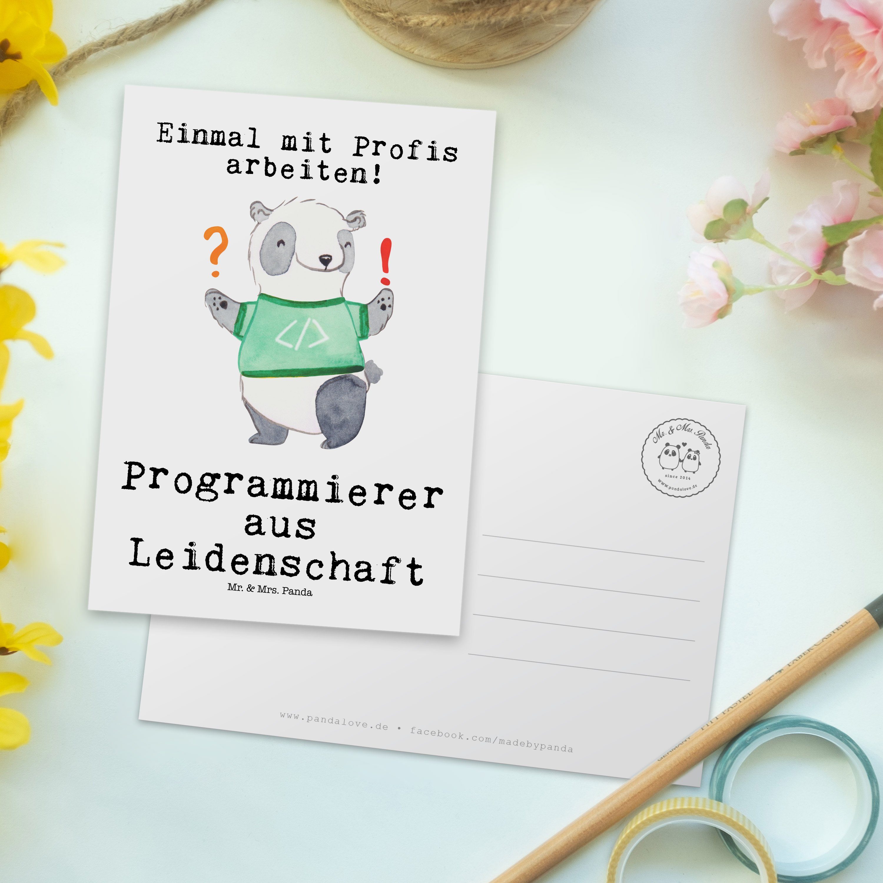 Leidenschaft Einlad Mrs. - Postkarte Dankeskarte, Panda aus - Mr. & Programmierer Geschenk, Weiß
