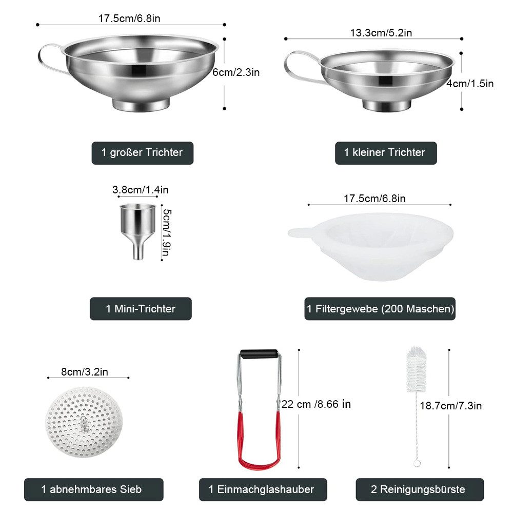 AFKSMILE Trichter Edelstahl Trichterset 8-teilig mit Heber & Filter, spülmaschinenfest, (8-tlg), 3 Größen Küchentrichter Set für Marmelade, Einmachen, Öl, Gewür – Bild 2 von 5