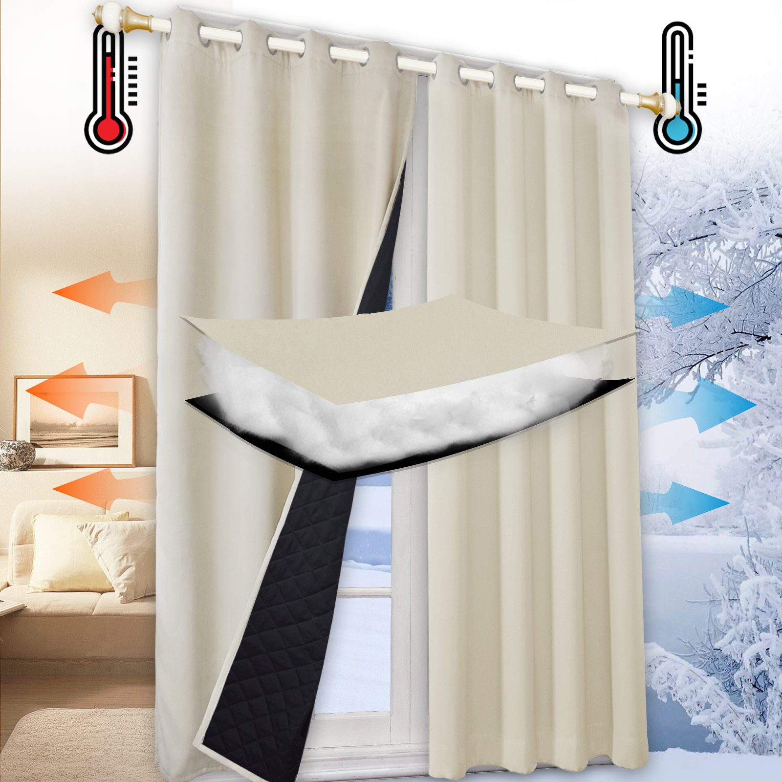 4 x Verdunklungsvorhang, Thermovorhang mit Ösen, Kälte- und Hitzeschutz,  Thermogardine, Vorhänge 135 x 245 cm, grau