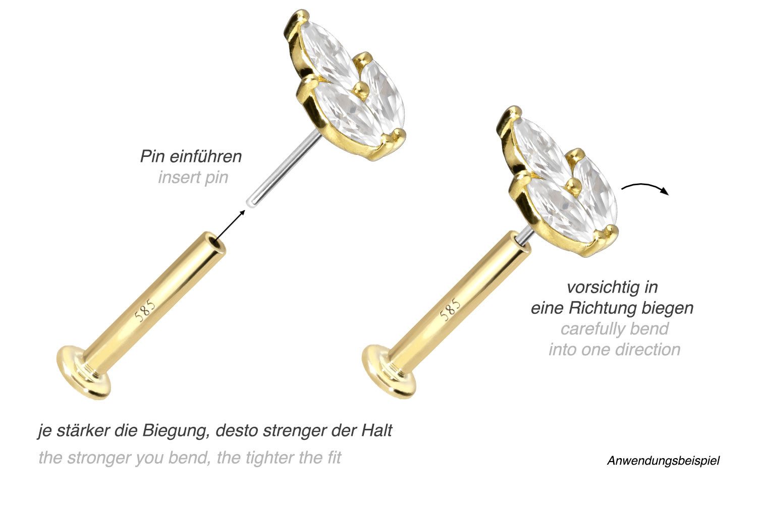 PIERCINGLINE Piercing-Set 14 Karat Gold Labret mit Push Fit MOISSANIT-LOTUSBLÜTE (Labrets, 1-tlg)