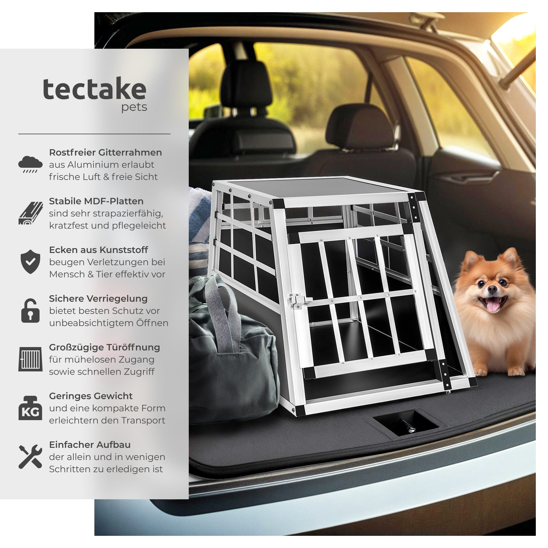 tectake Tiertransportbox Hundetransportbox single, mit gerader Rückwand