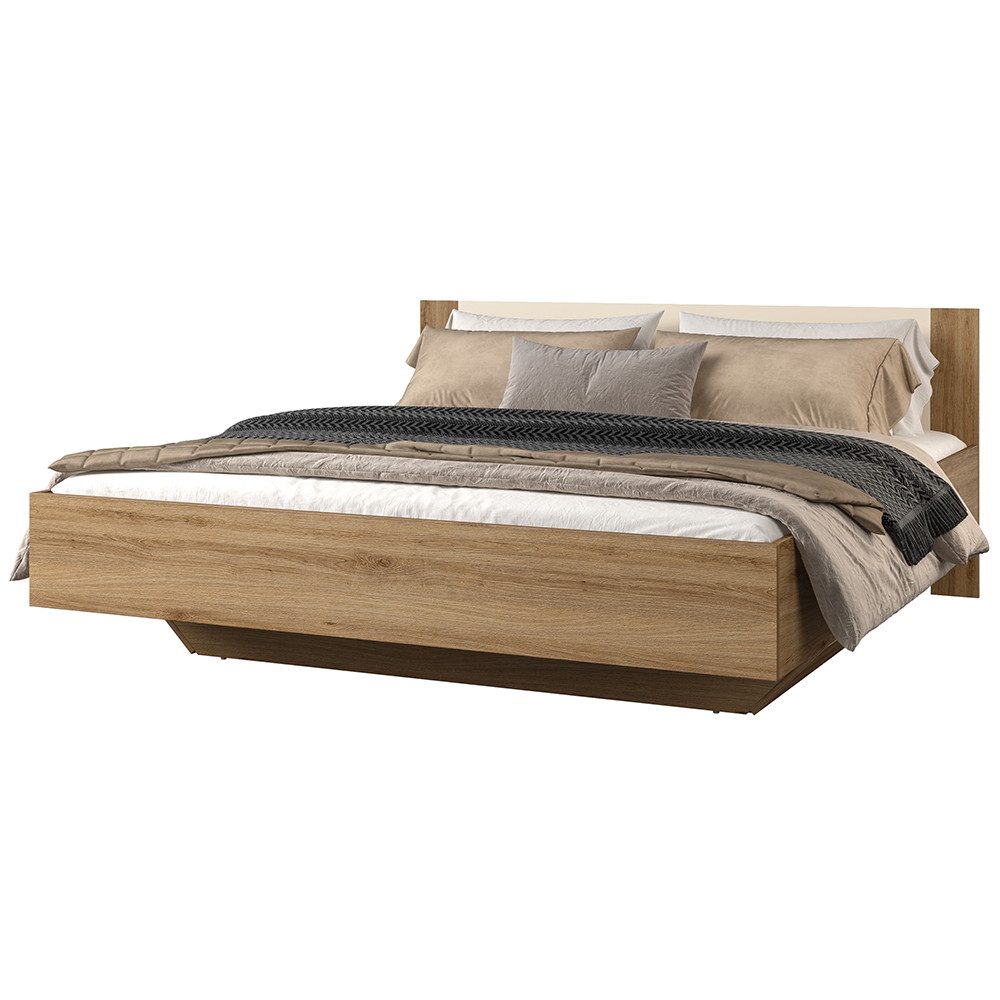 Lomadox Schlafzimmer-Set VARESE-83, (Spar-Set, 4-tlg., Bettgestell Nachtschänke Kleiderschrank Passepartout Rahmen), Eiche mit beige 180x200cm Liegefläche 2er Set Nachtkommoden