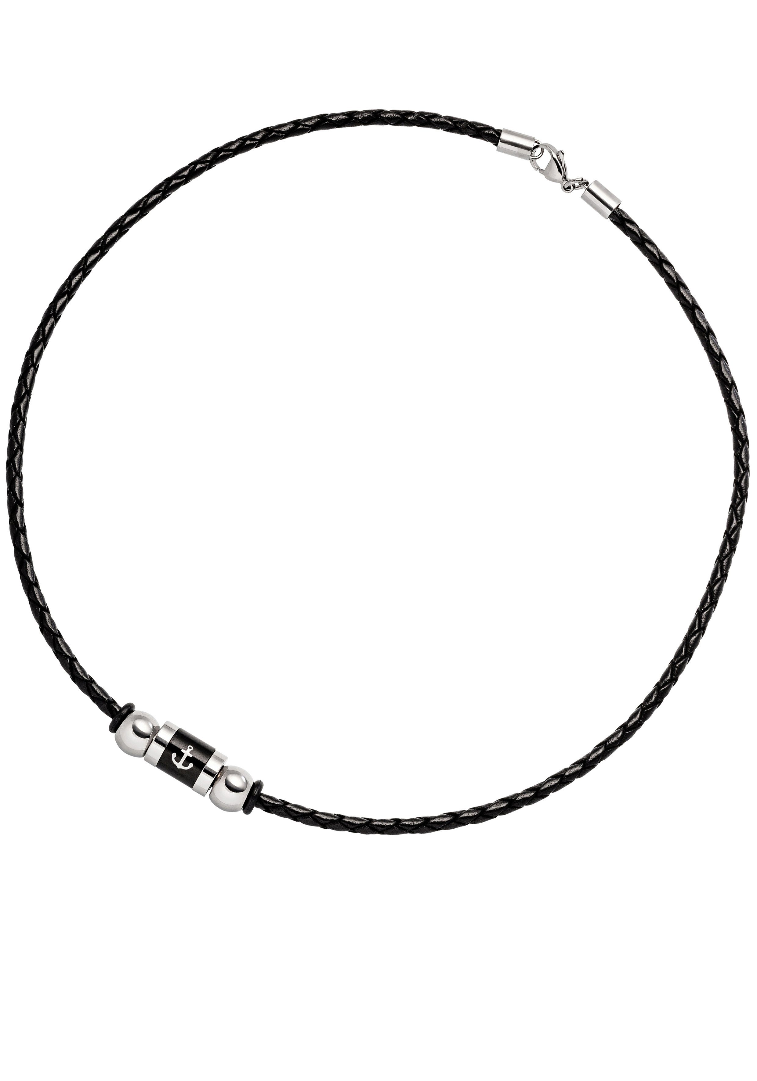 JOBO Lederband Motiv Anker, Leder und Edelstahl schwarz beschichtet 45 cm | Edelstahlarmbänder