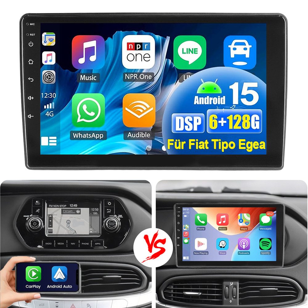 ESSGOO 8-Core Android15 128G Autoradio Carplay GPS Für Fiat Tipo Egea 2015-21 Autoradio (RDS, 6GB+128GB, Digitalradio (DAB), FM, AM, Carplay Android Auto Bluetooth EQ USB GPS Navi WIFI Touchscreen)
