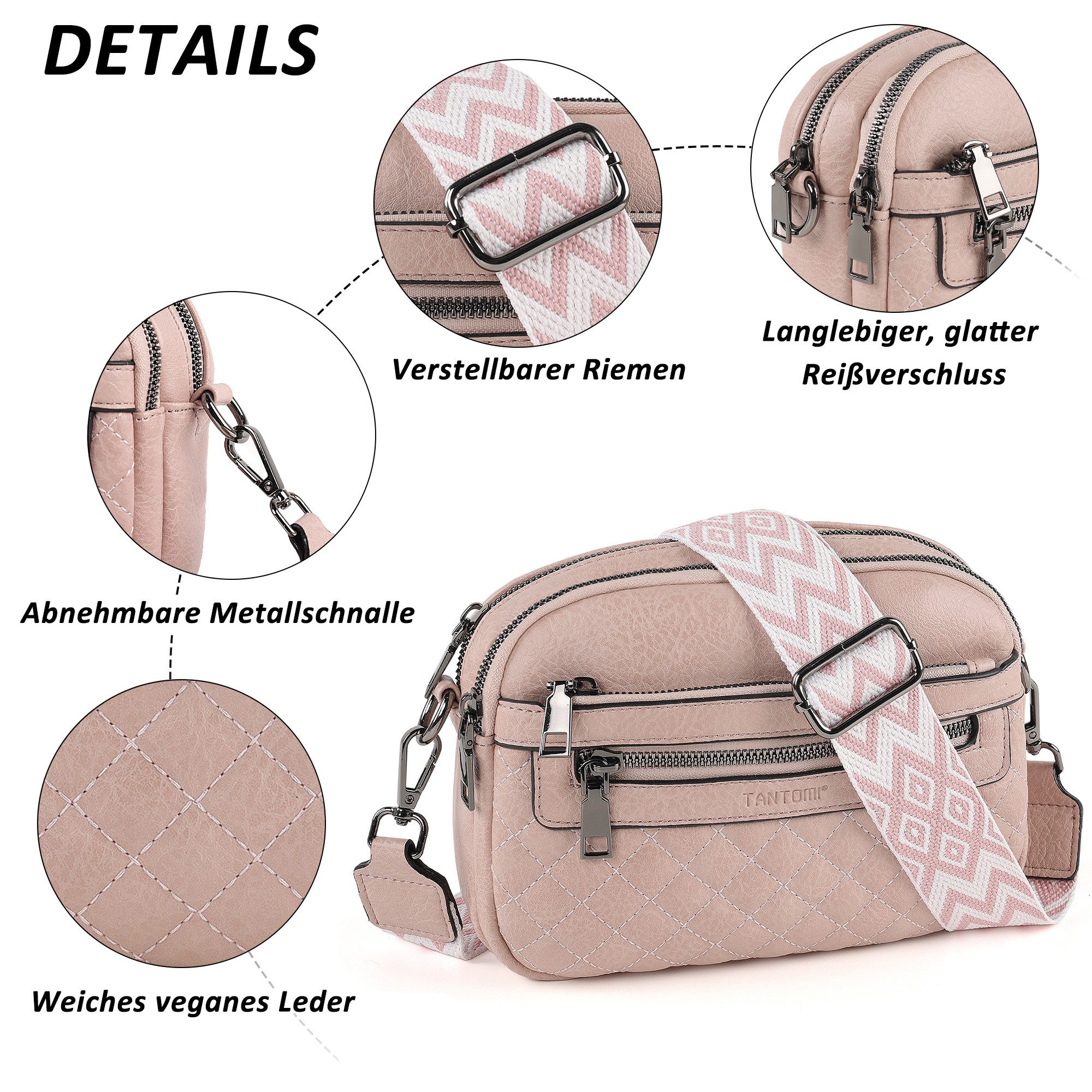 TANTOMI Schultertasche Umhängetaschen Damen, Crossbody Bag mit mehreren Fächern (Damen Handtasche mit Weich Breiter Gurt), Design mit mehreren Reißverschlüssen – Bild 5 von 5