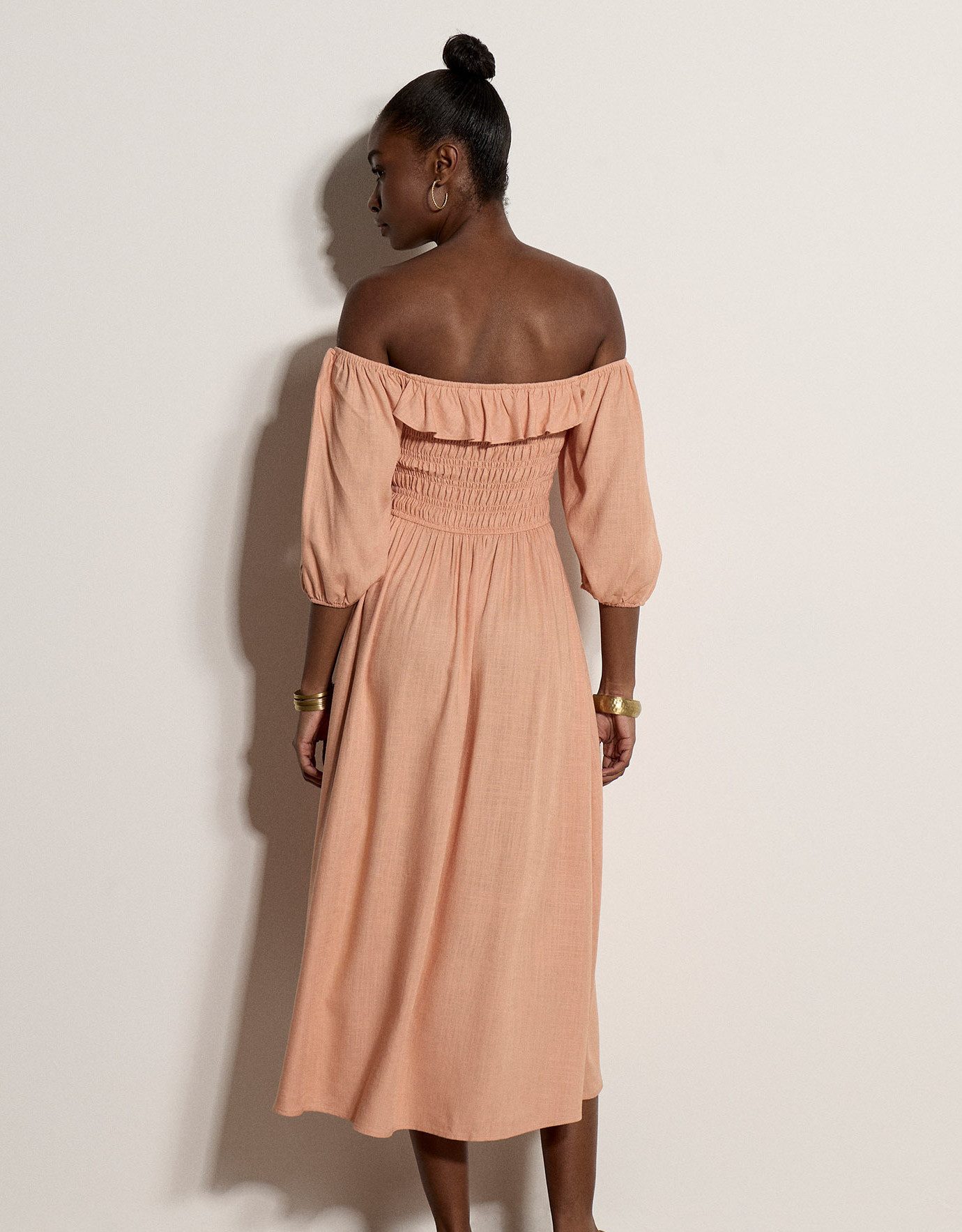 Apricot Maxikleid Langes Kleid mit Bardot-Ausschnitt mit Raffungen