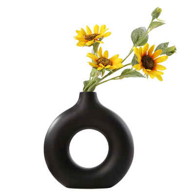 zggzerg Dekovase Keramik Vase für Pampasgras, Schwarze Donut Vase Deko Wohnzimmer Runde