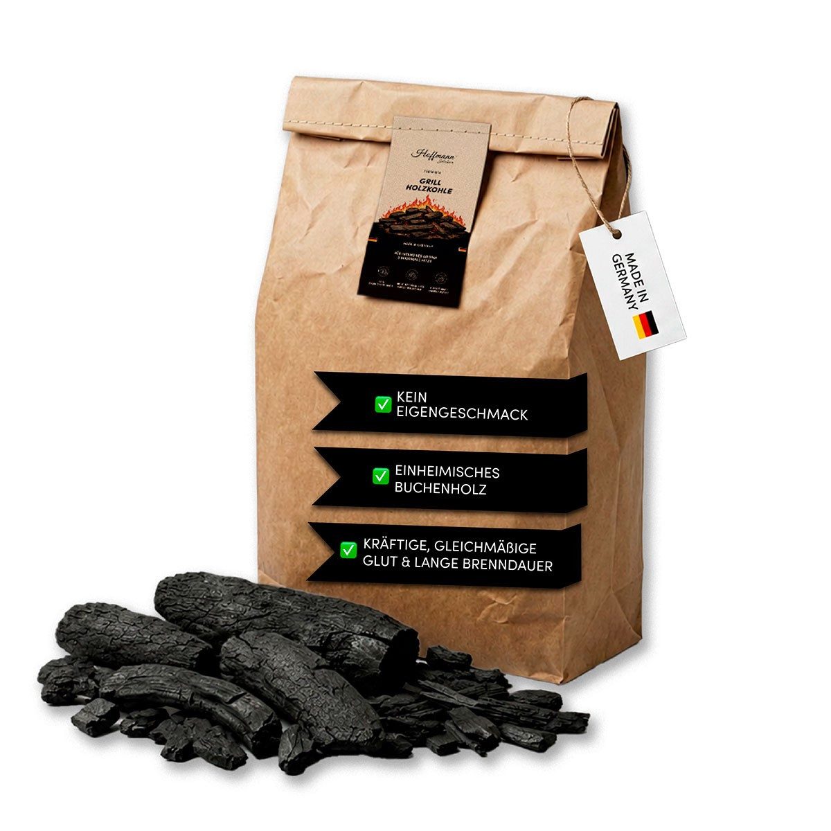 Hoffmann Germany Grillkohle Hoffmann Premium Buchenholz grobstückig Cfix 86 % Made in Germany, 3 kg, Cfix 86 %, Körnung 10–50 mm, Buche, Made in Germany