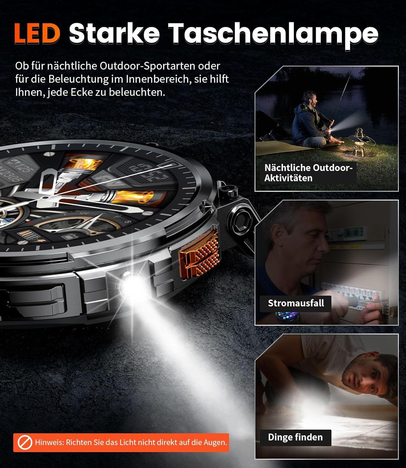 FoxBox FV6 Smartwatch (4,6 cm, android ios), Herren Outdoor Smartwatch mit 1.85" HD Display, LED Lampe