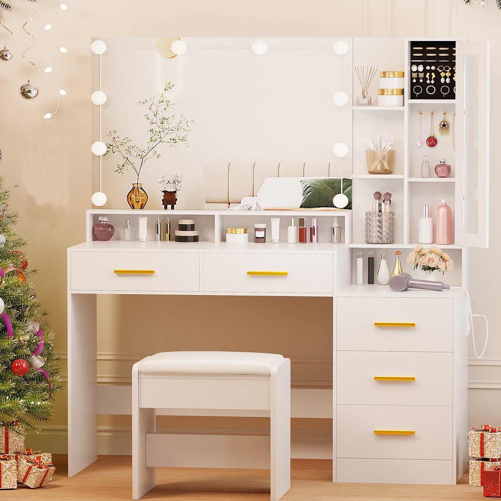 BEWISHOME Schminktisch mit Spiegel und Hocker, fünf Schubladen, 115x40x140c günstig online kaufen