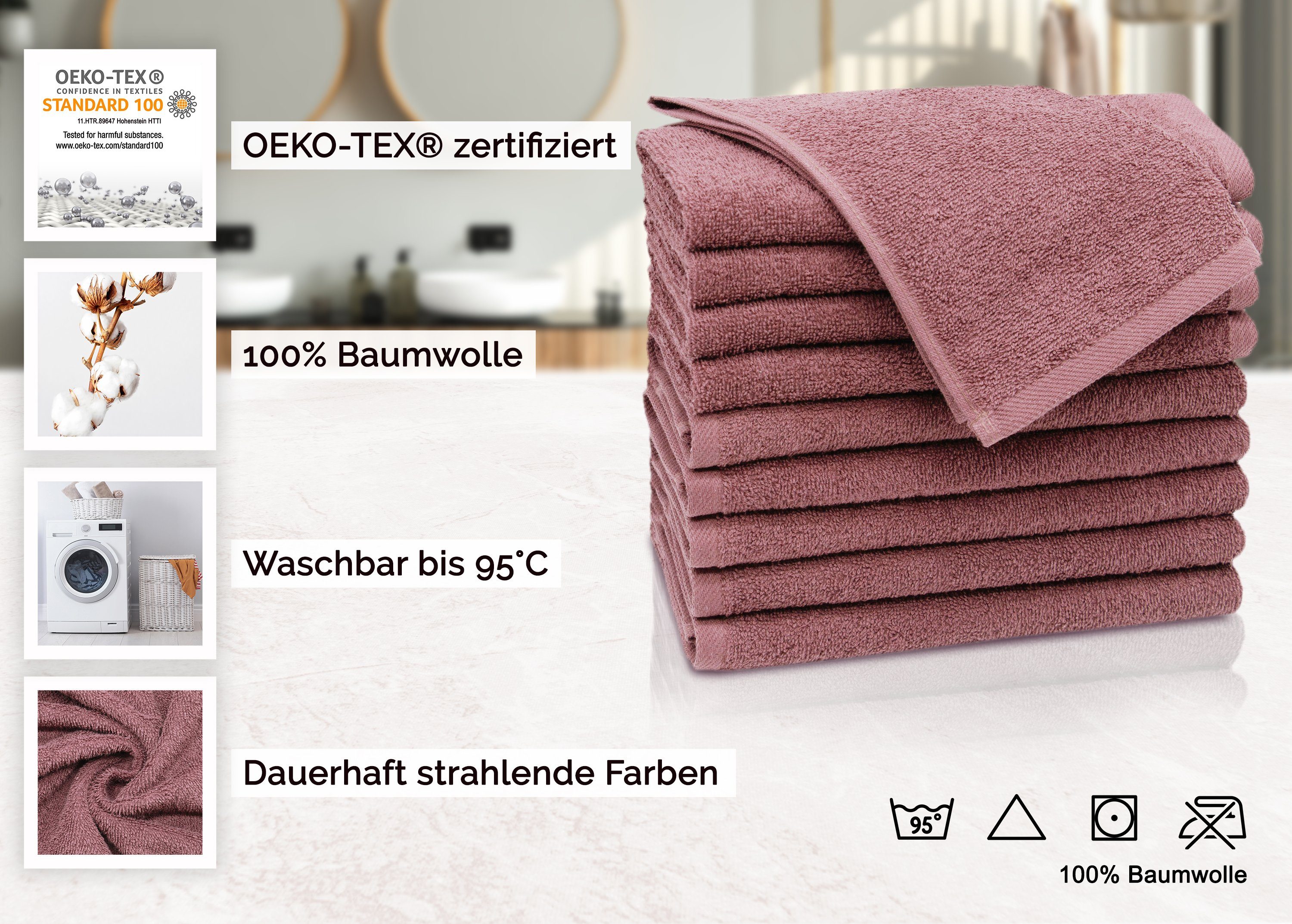 ZOLLNER Gästehandtücher, Walkfrottier 100% 50 Farben cm, 30 Baumwolle, 95°C (10-St), x altrosa alle waschbar bis