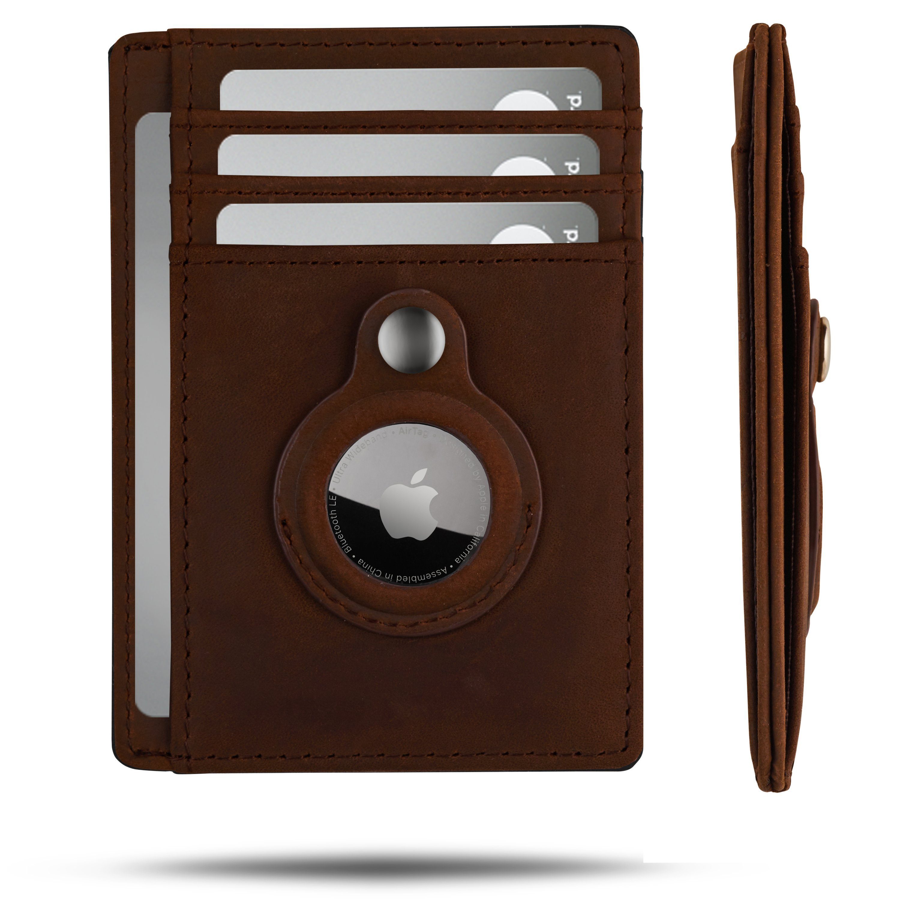 SLIMJACK Mini Geldbörse SLIMJACK Wallet Geldbeutel - AirTag mit Apple Wallet mit Dunkelbraun AirTag - RFID-Schutz Wallet RFID-Schutz, Fach mit für Slim